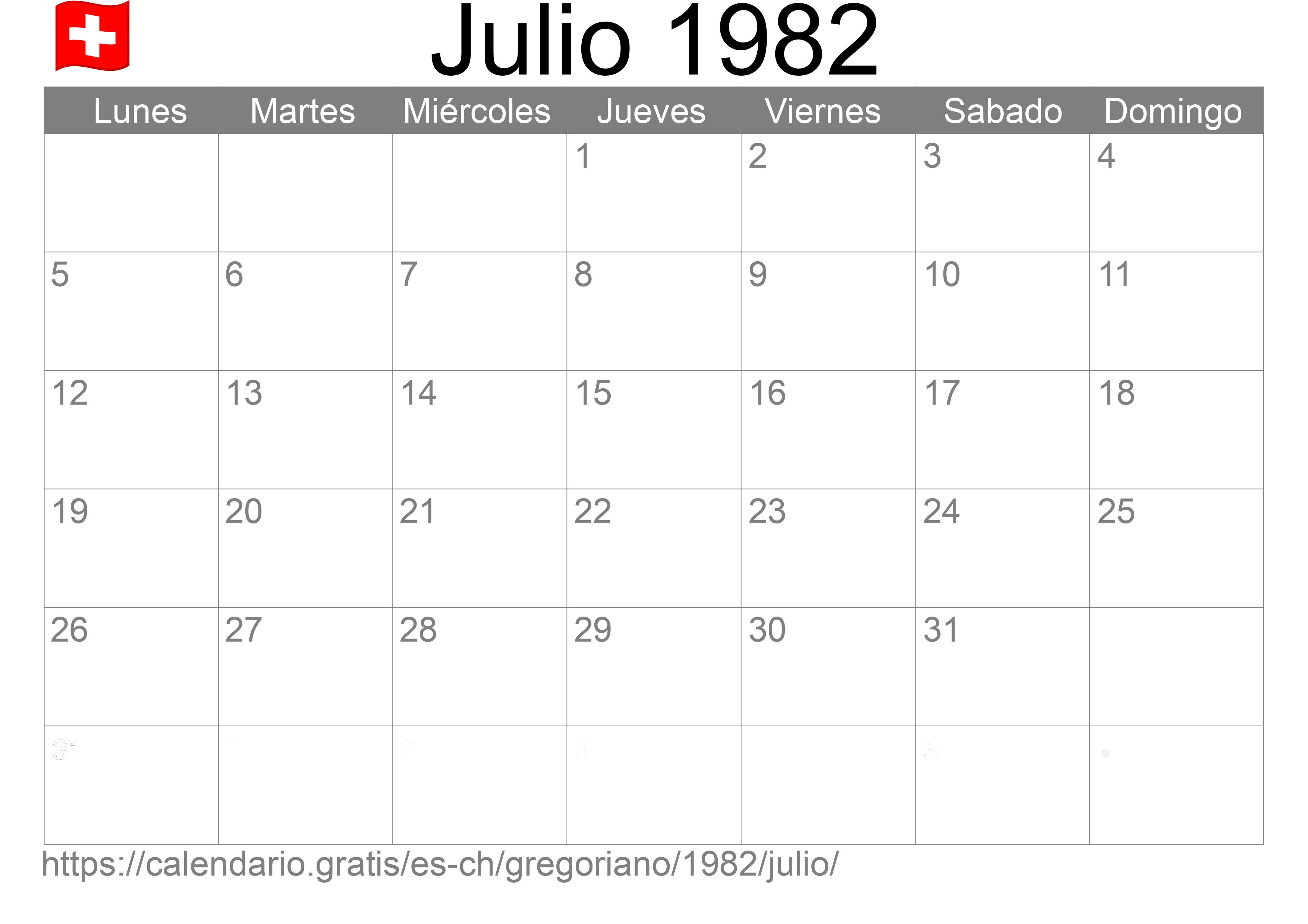 Calendario Julio 1982 para imprimir