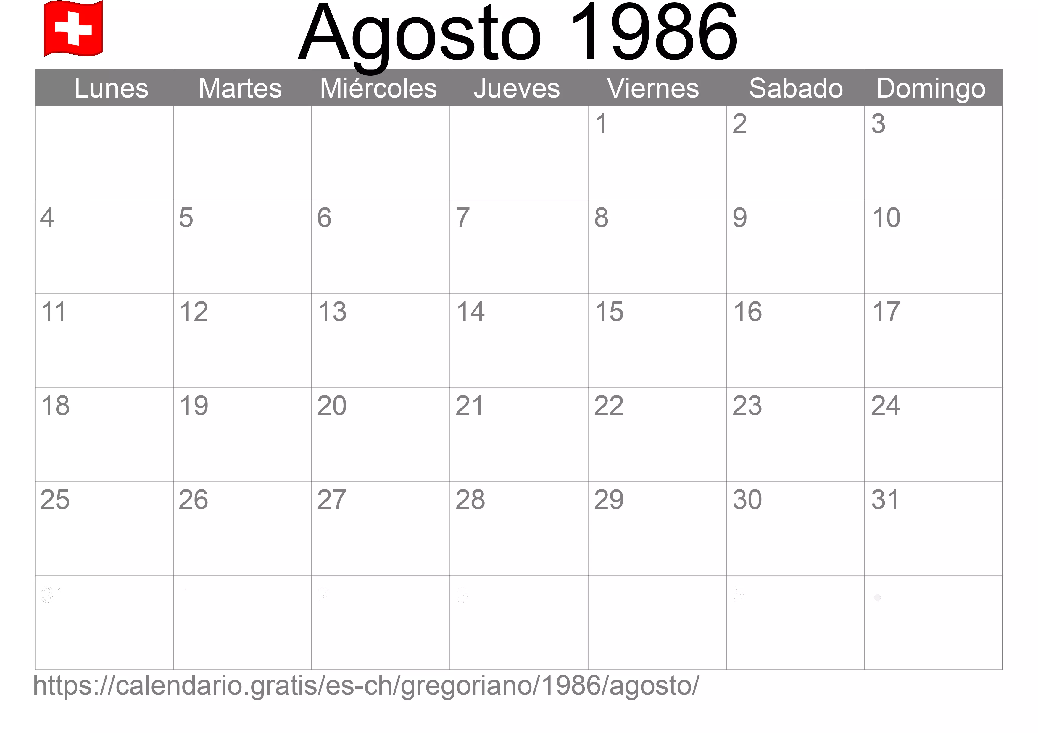 Calendario Agosto 1986 para imprimir (Suiza)