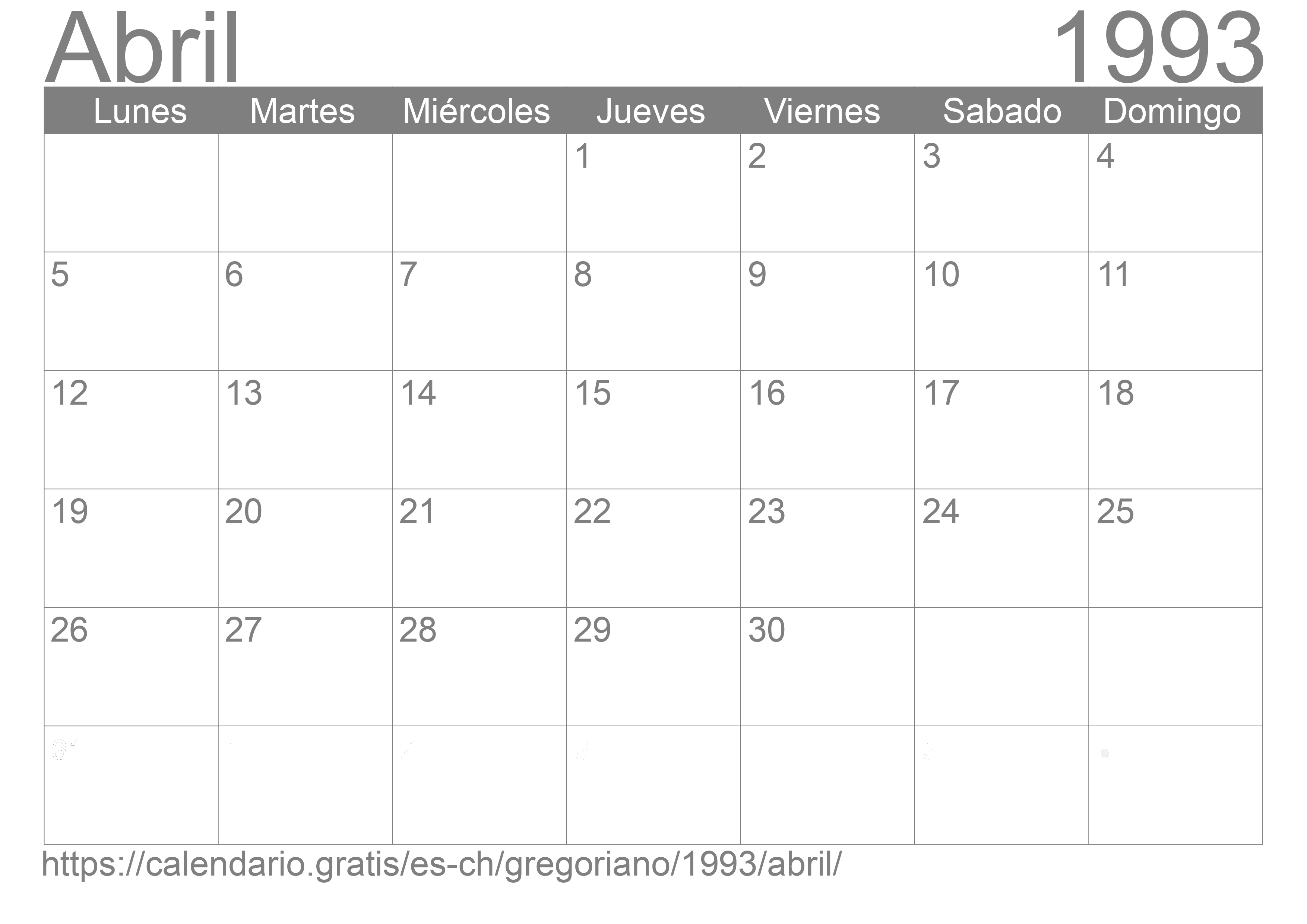 Calendario Abril 1993 para imprimir