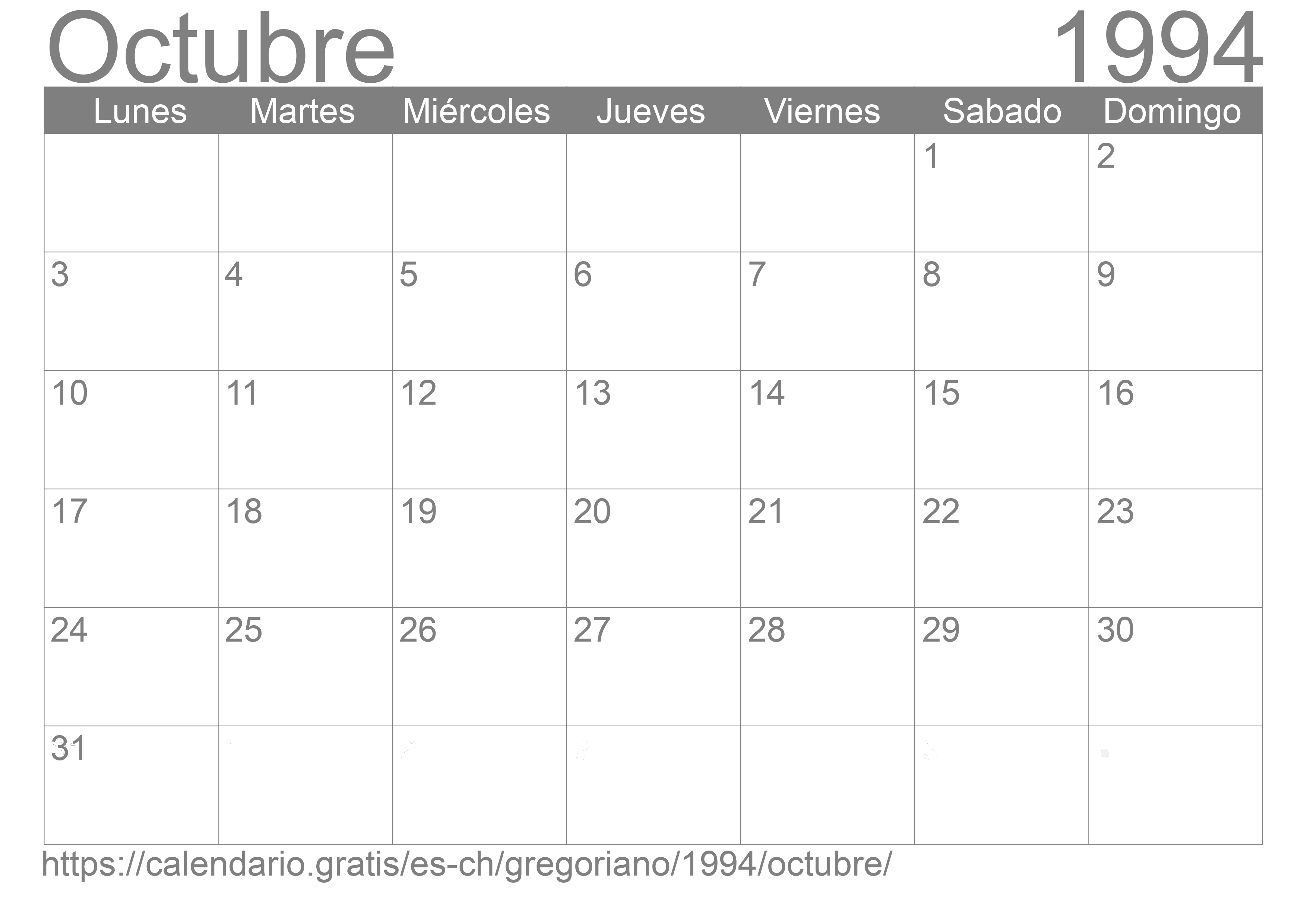 Calendario Octubre 1994 para imprimir