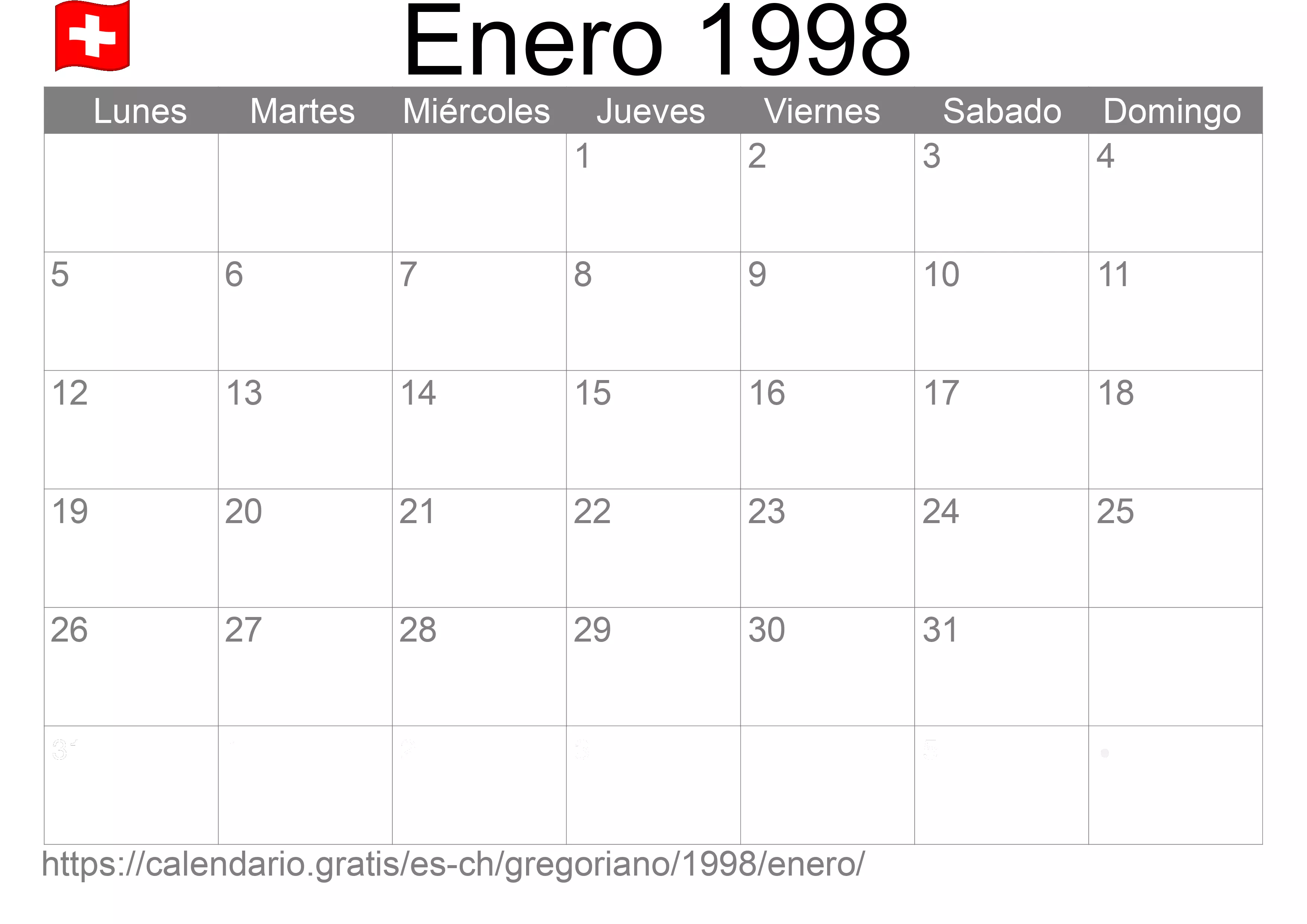 Calendario Enero 1998 para imprimir (Suiza)