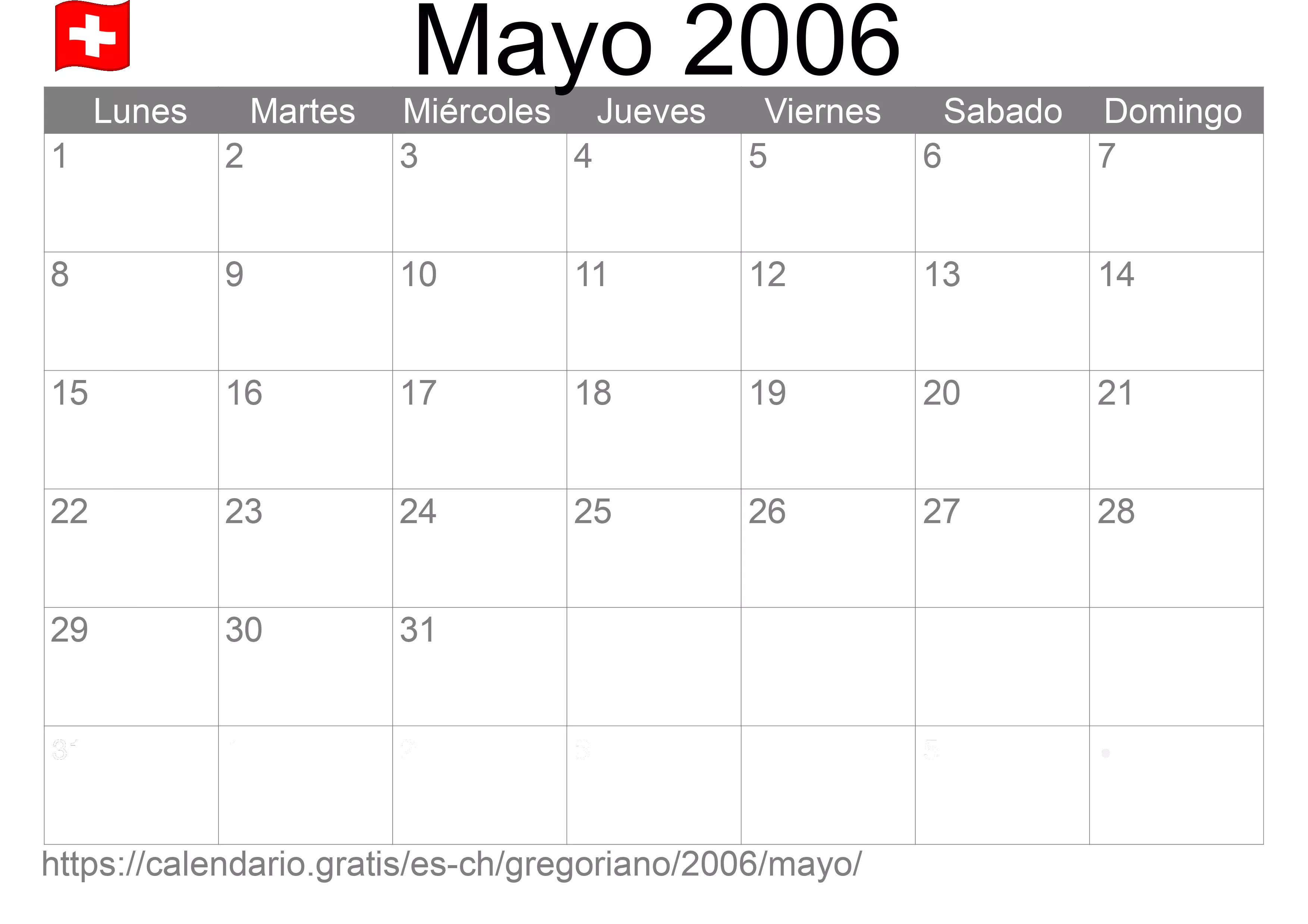 Calendario Mayo 2006 para imprimir (Suiza)
