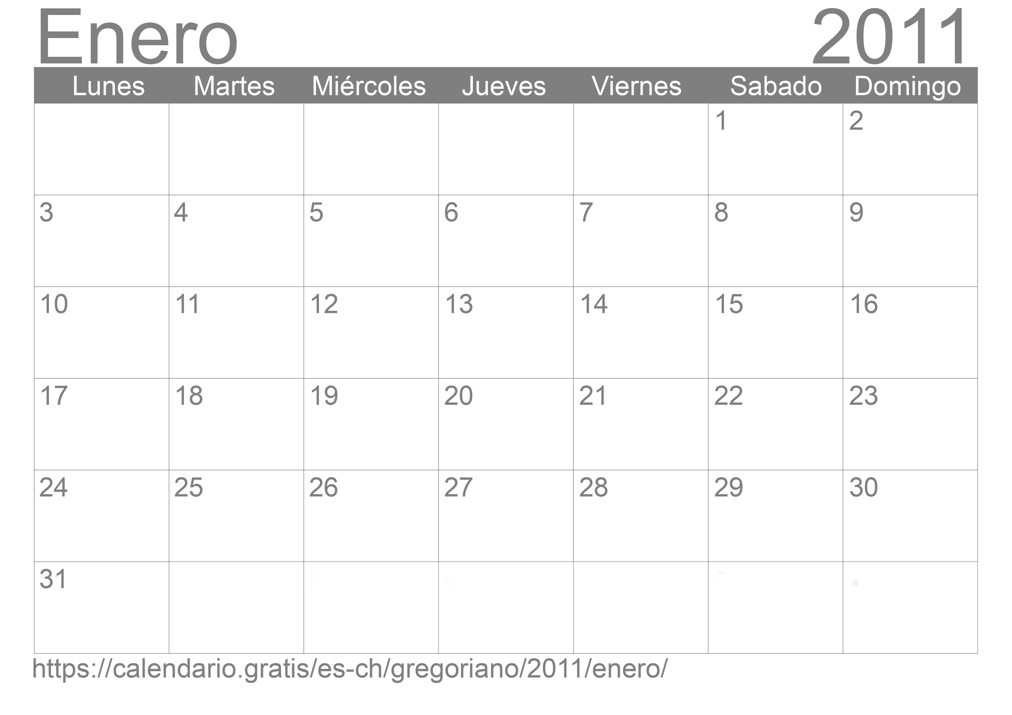 Calendario Enero 2011 para imprimir