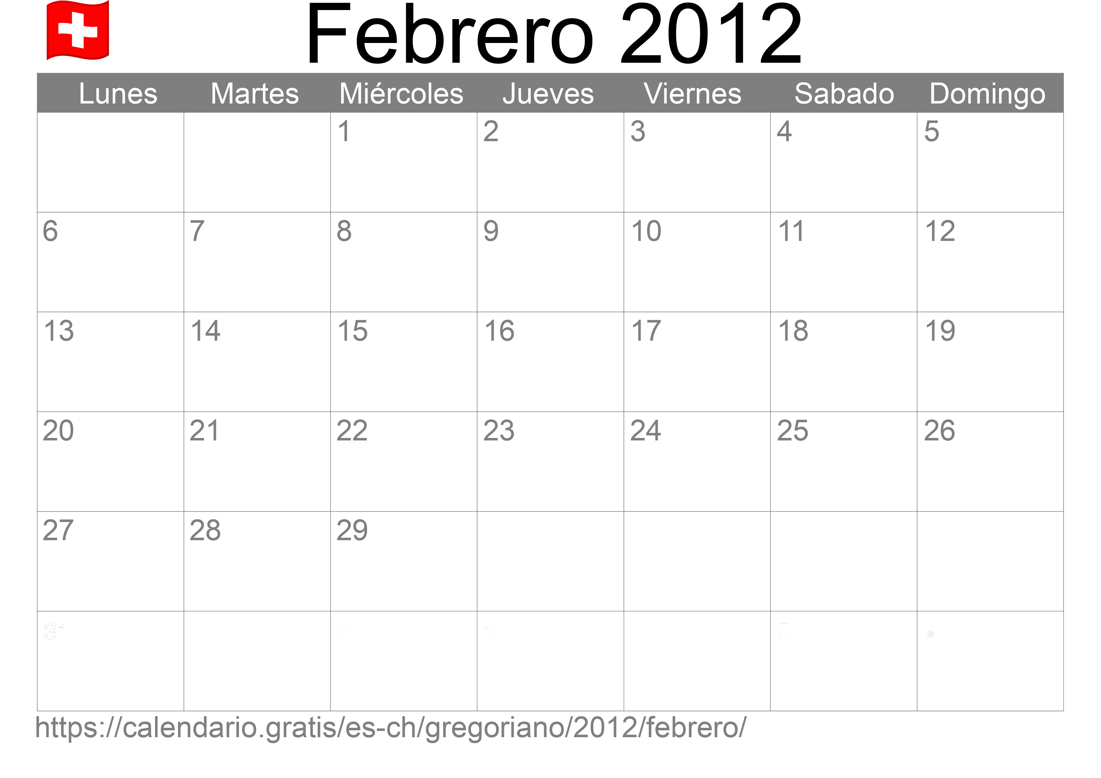 Calendario Febrero 2012 para imprimir