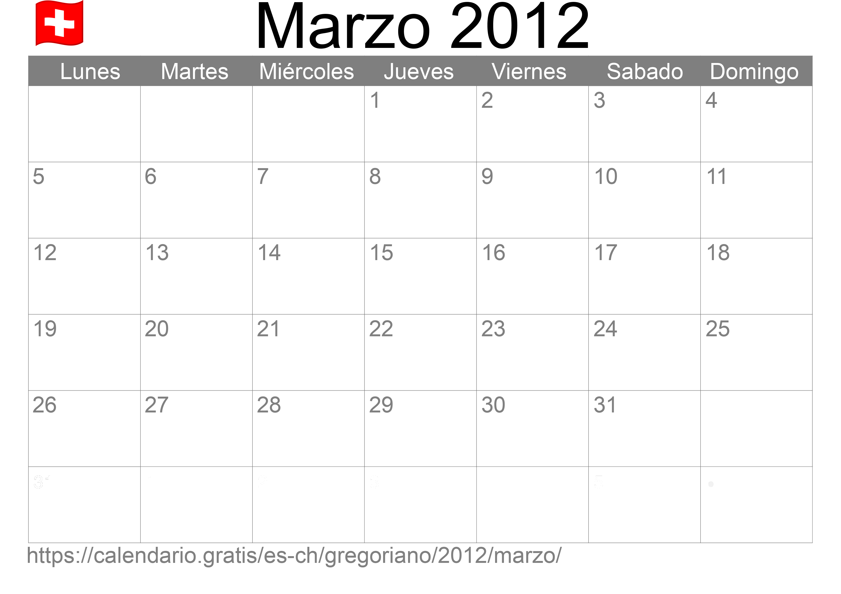 Calendario Marzo 2012 para imprimir