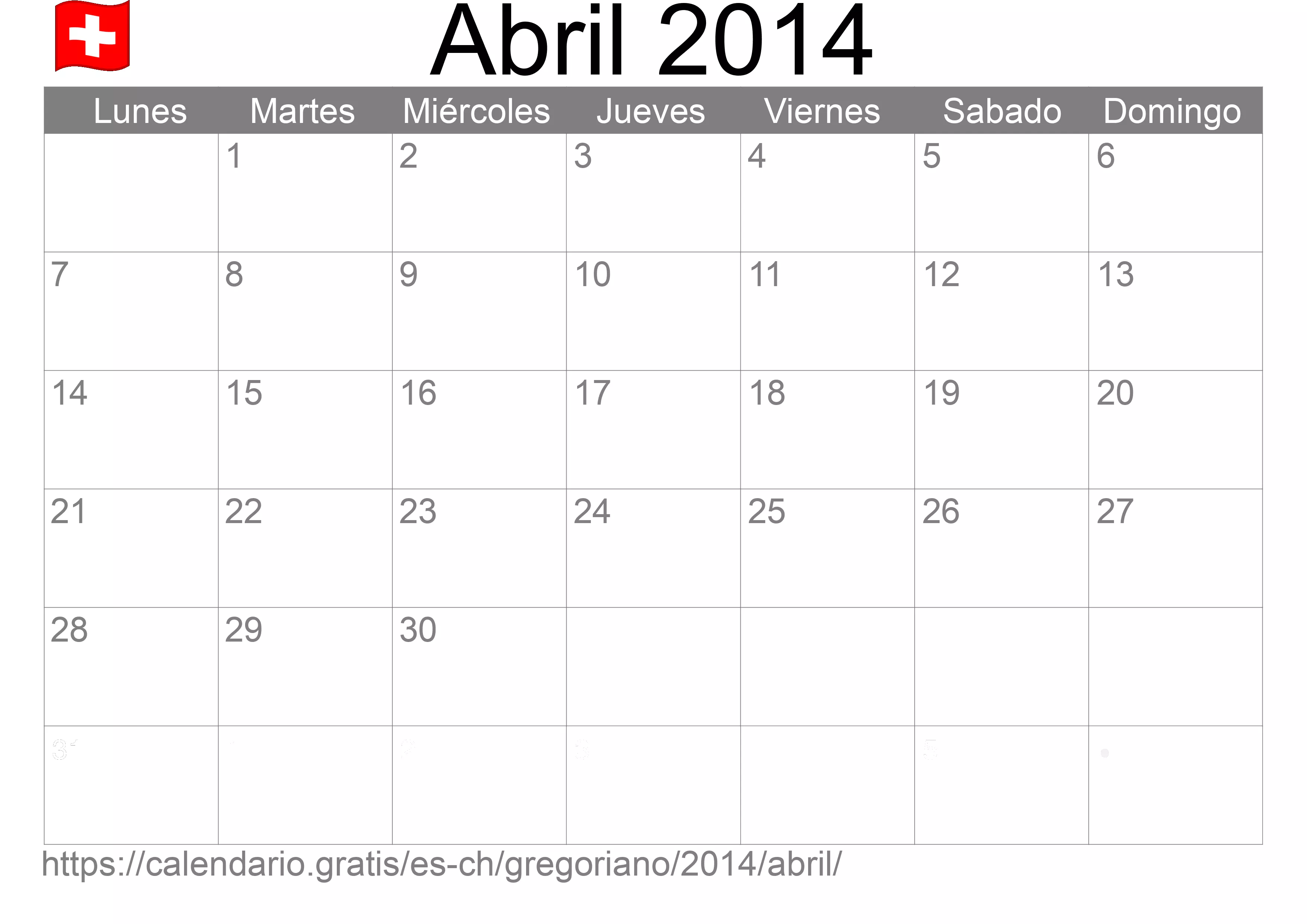 Calendario Abril 2014 para imprimir (Suiza) Calendario Abril 2014 para imprimir (Suiza)
