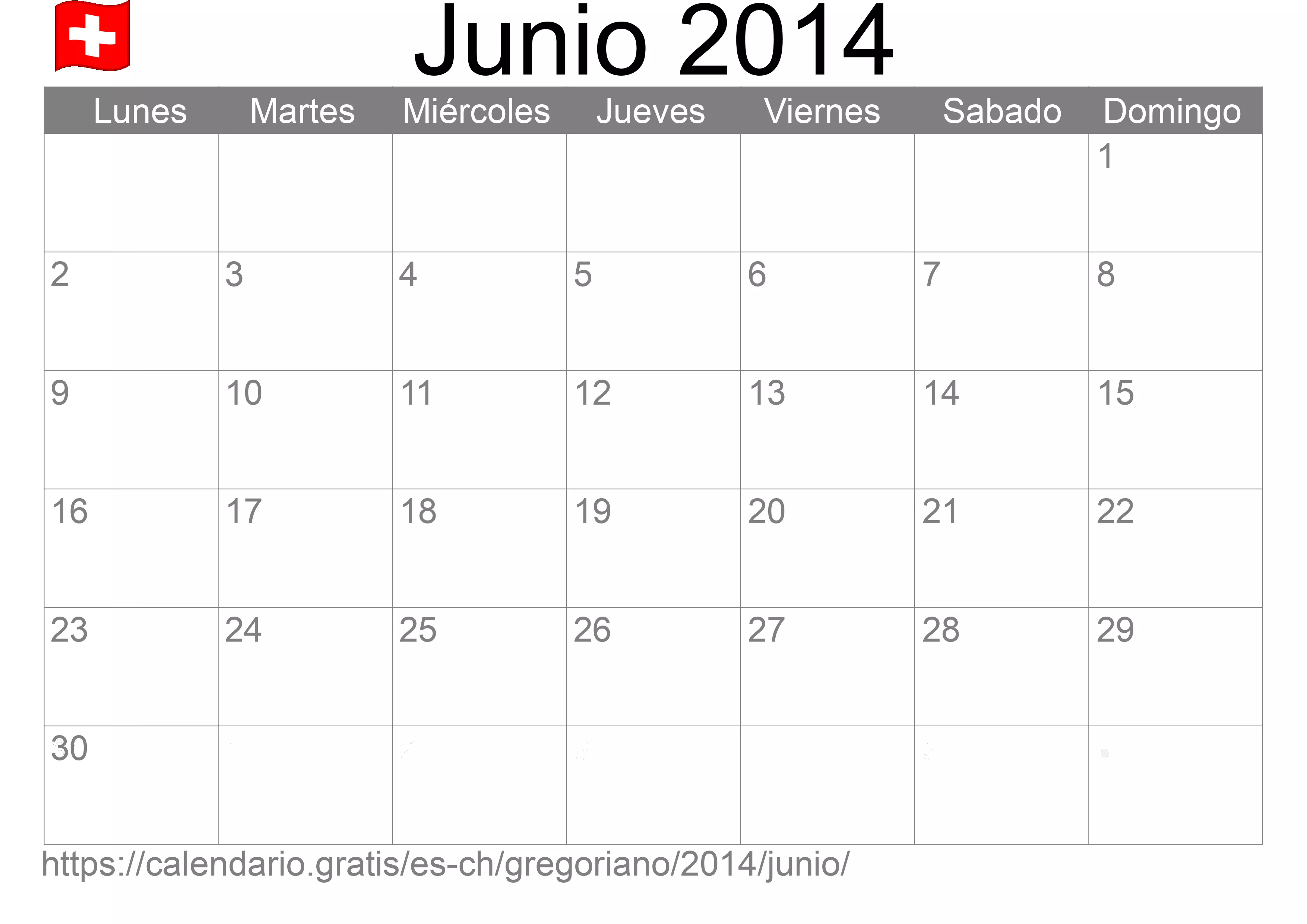 Calendario Junio 2014 para imprimir (Suiza)