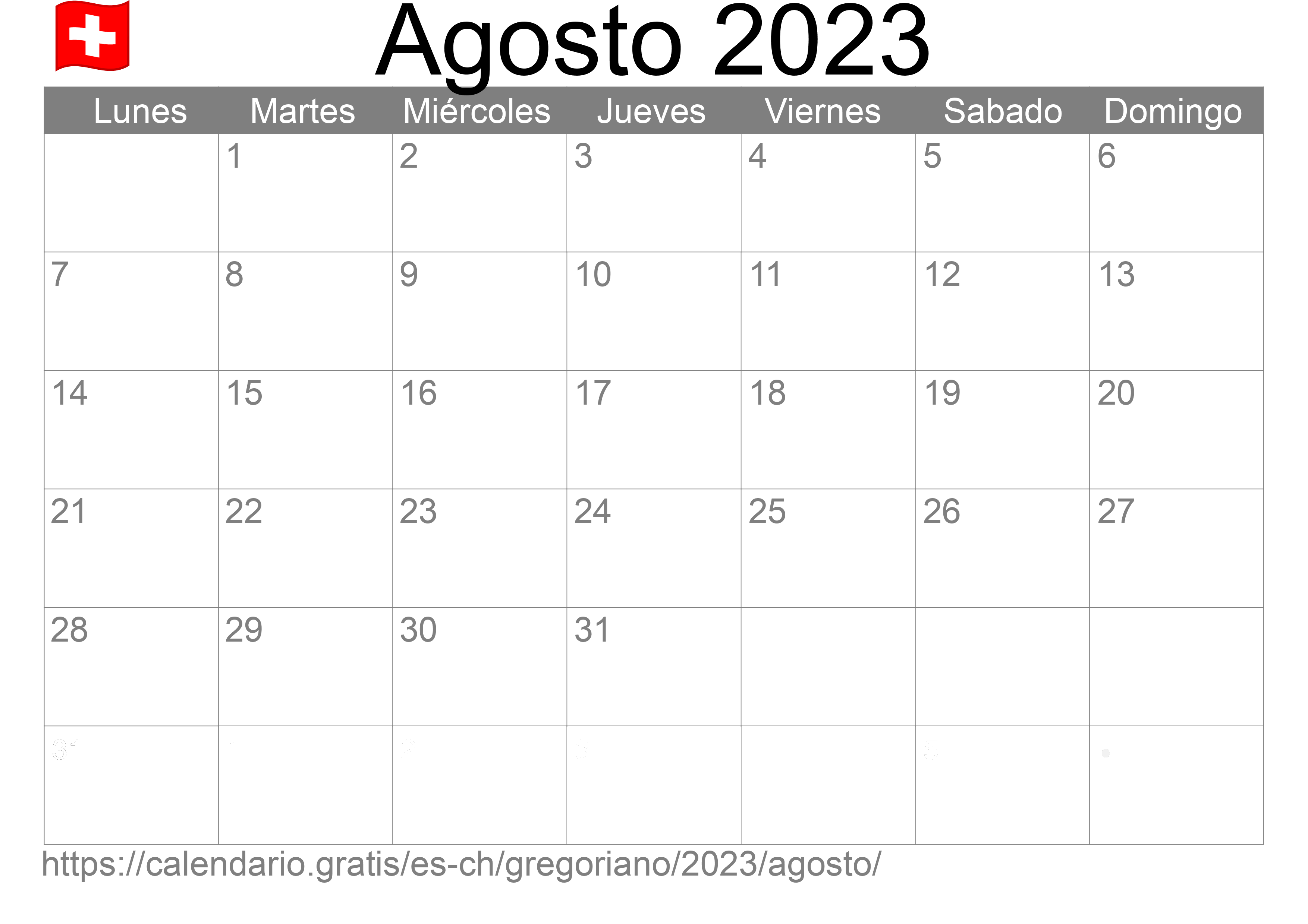 Calendario Agosto 2023 para imprimir