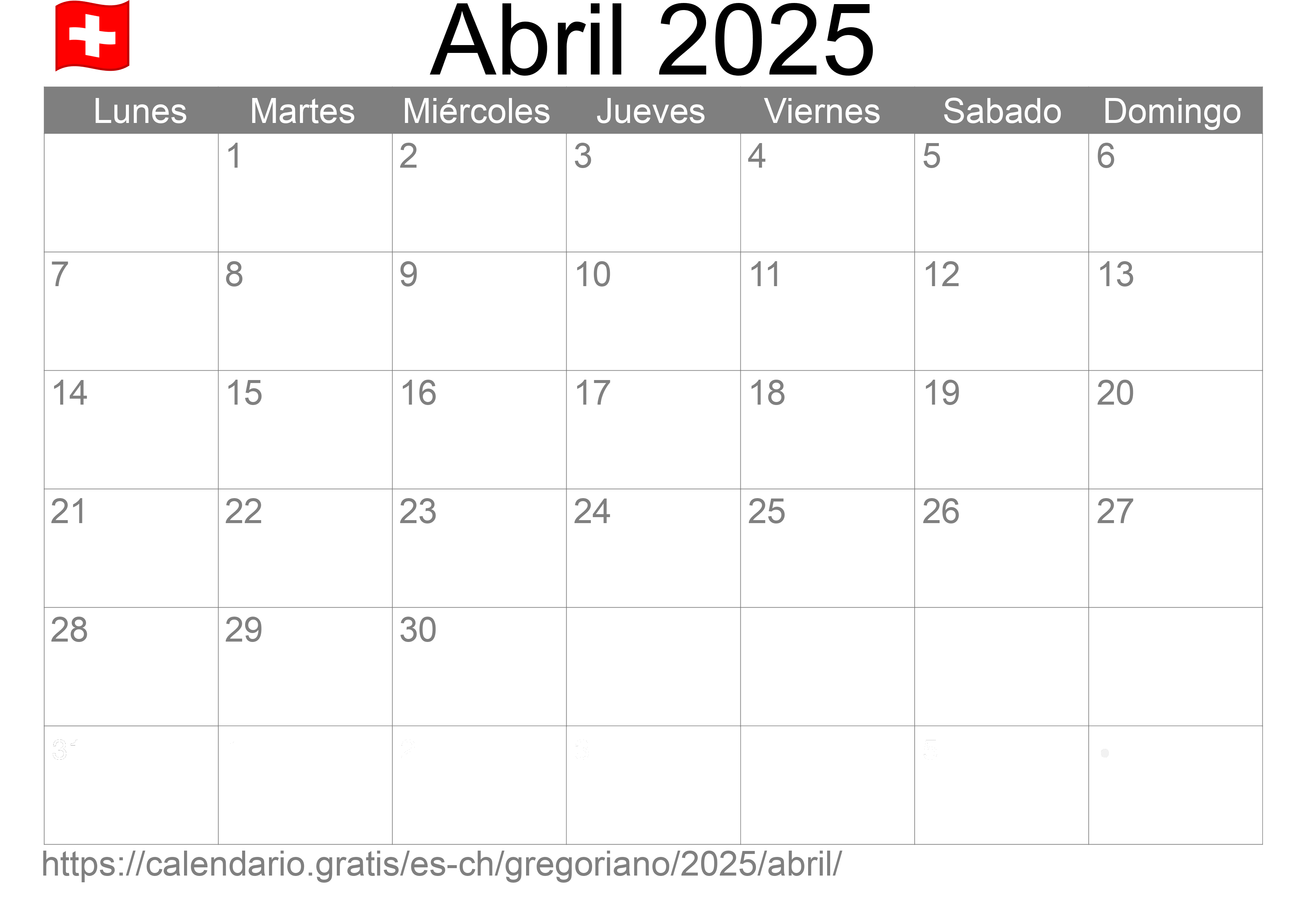 Calendario Abril 2025 para imprimir