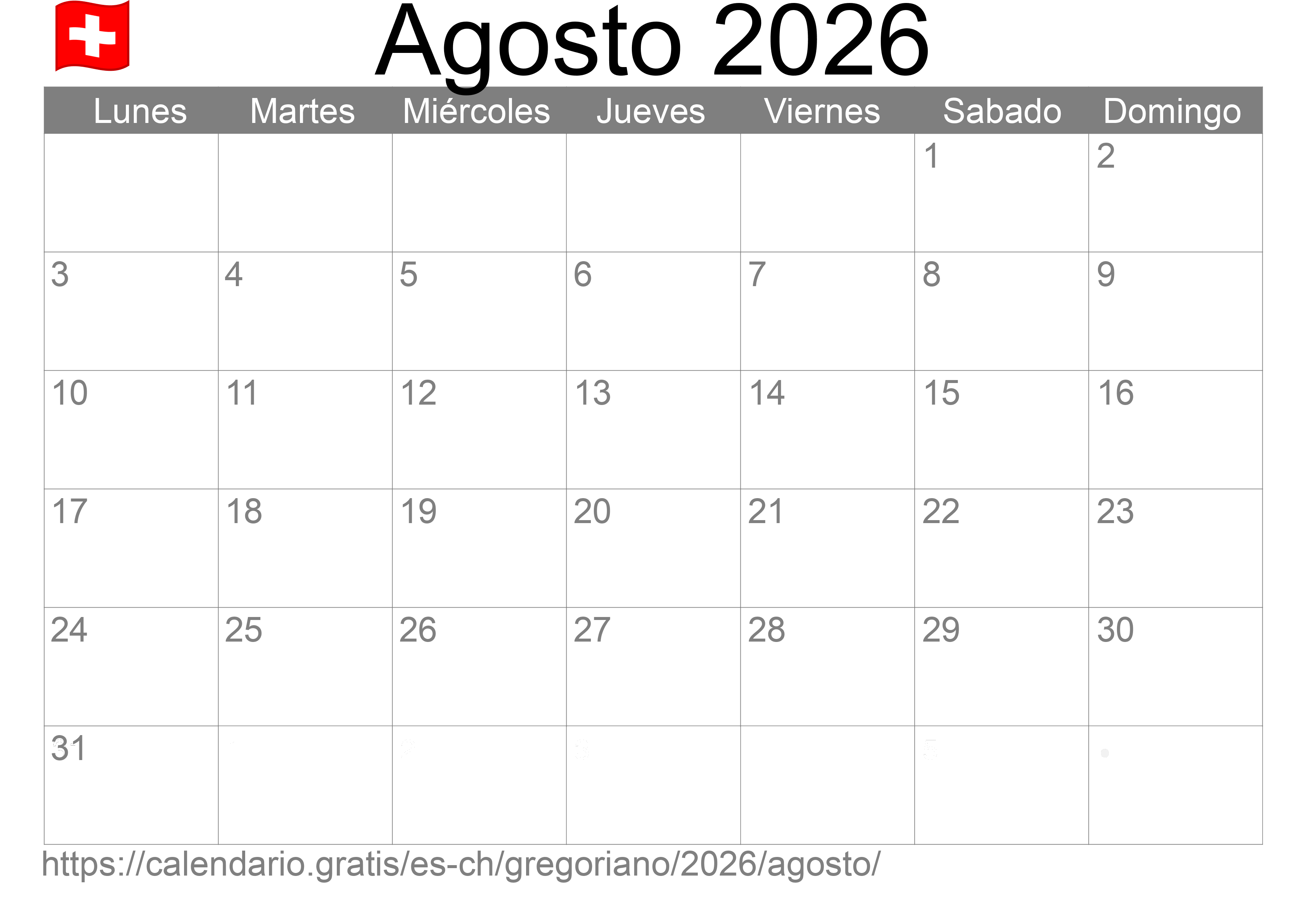 Calendario Agosto 2026 para imprimir