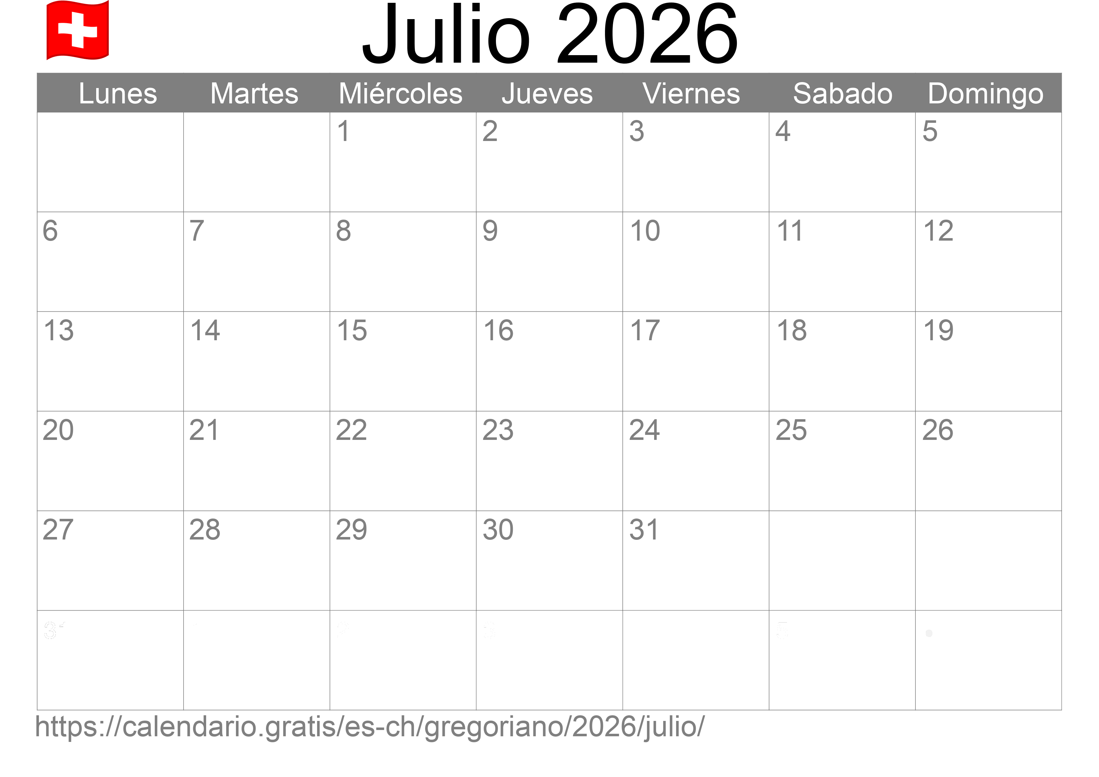 Calendario Julio 2026 para imprimir