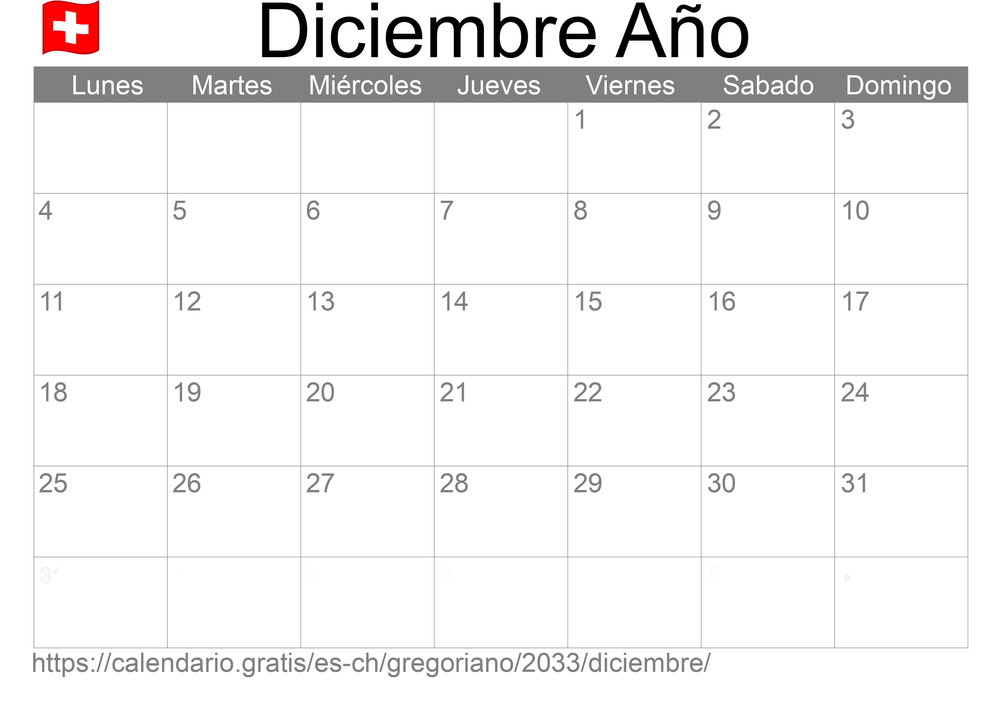 Calendario Diciembre 2033 para imprimir