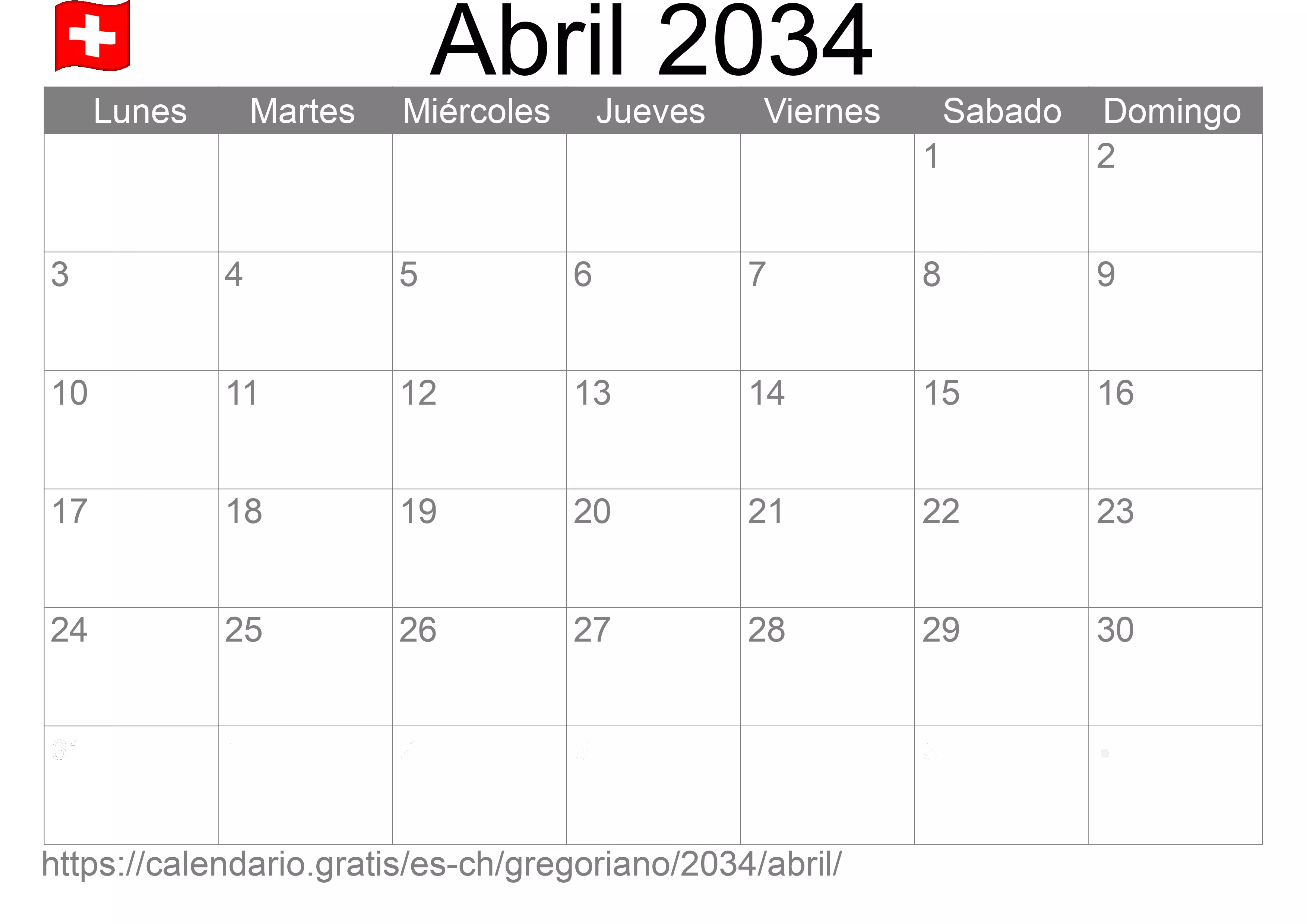 Calendario Abril 2034 para imprimir (Suiza)