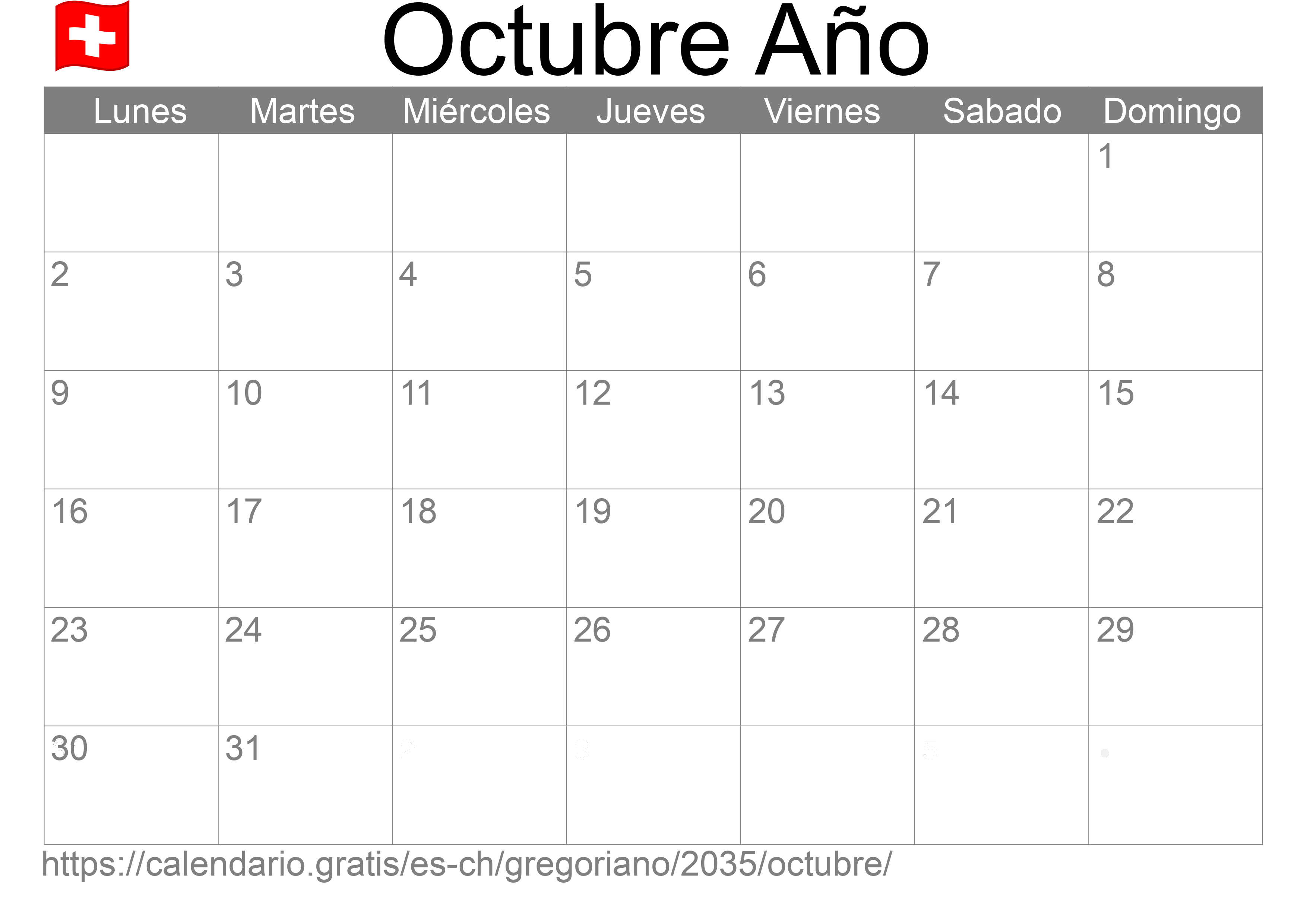 Calendario Octubre 2035 para imprimir