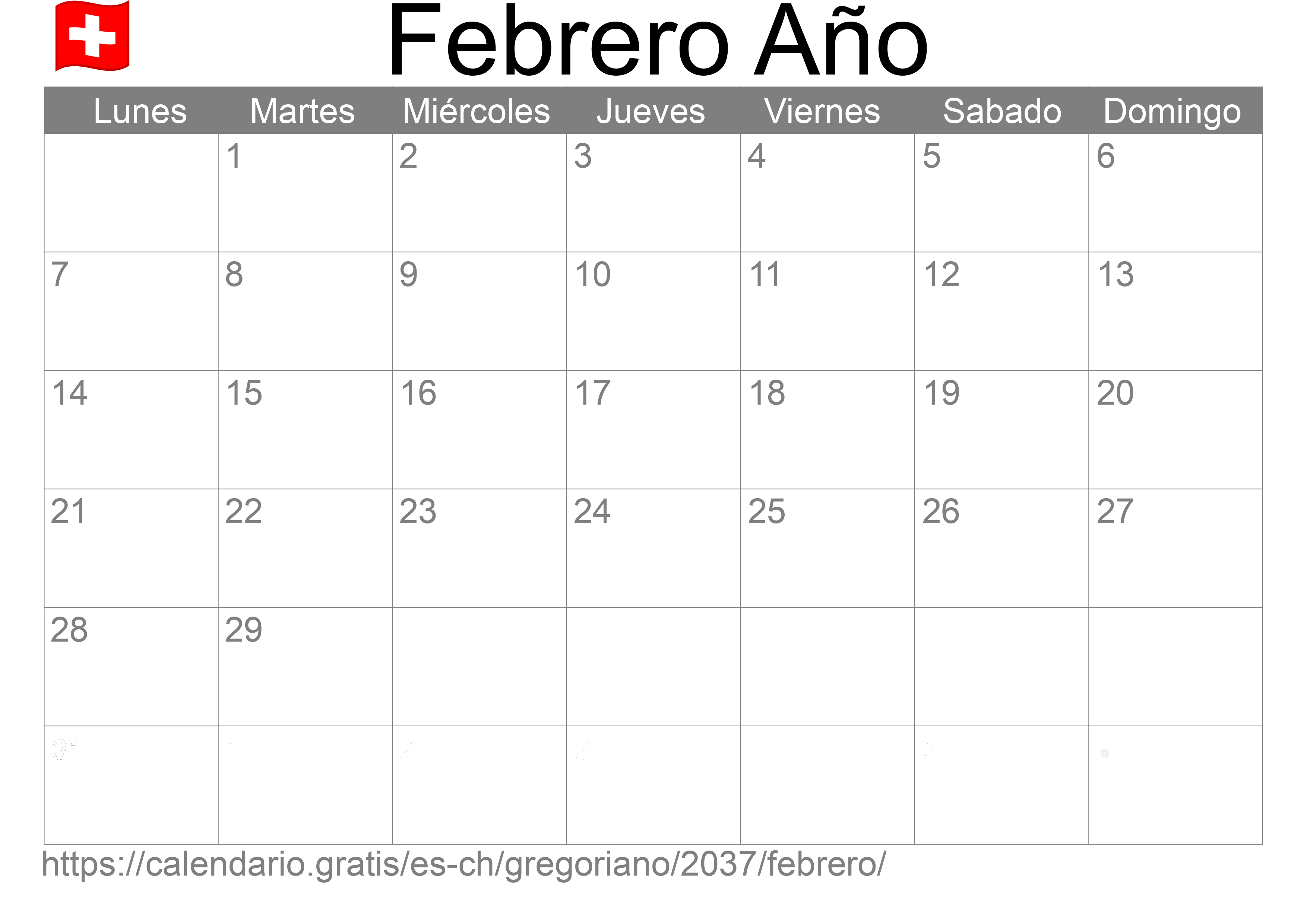 Calendario Febrero 2037 para imprimir