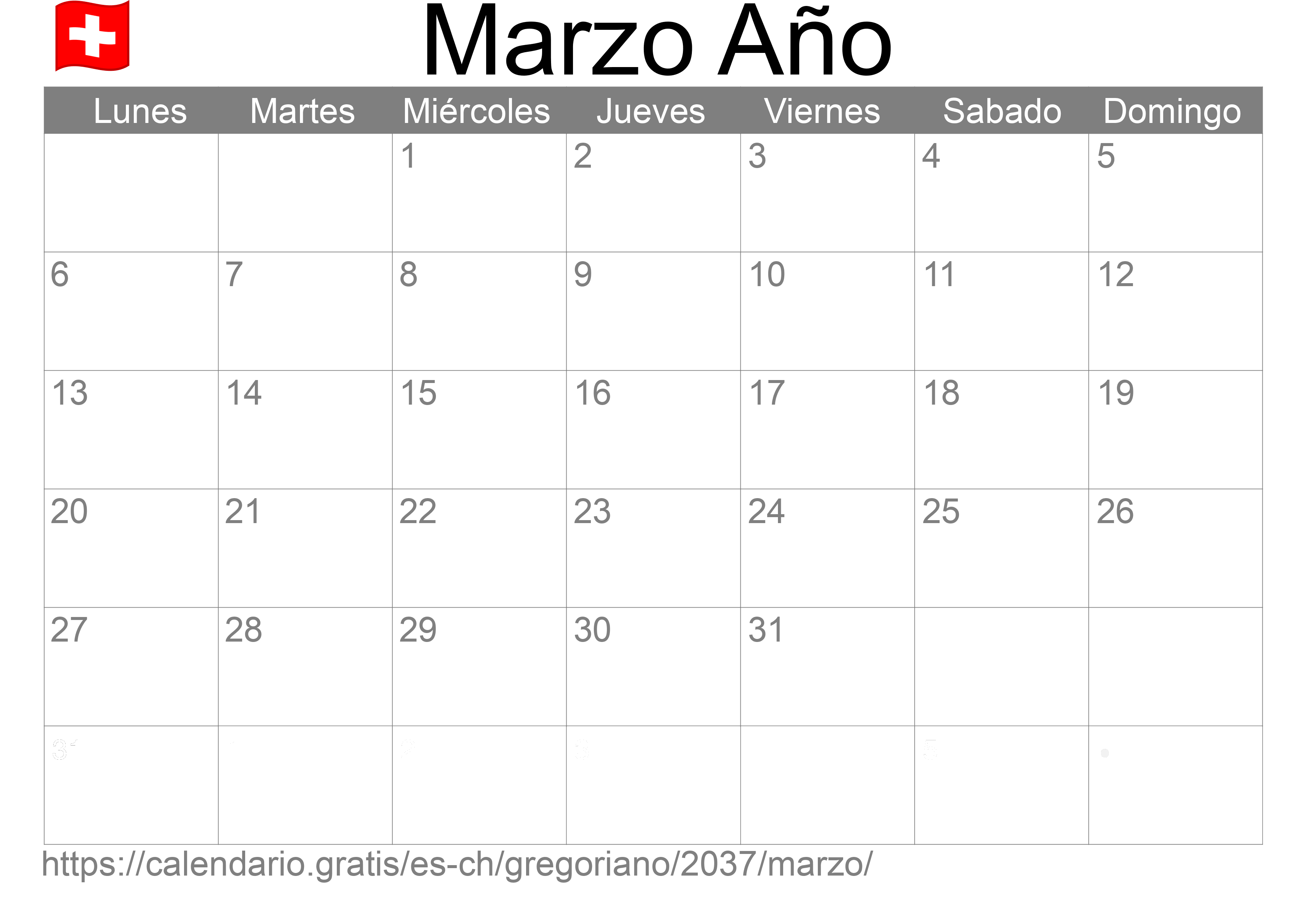 Calendario Marzo 2037 para imprimir