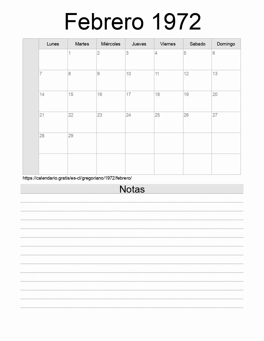 Calendario Febrero 1972 para imprimir con notas. (Chile)