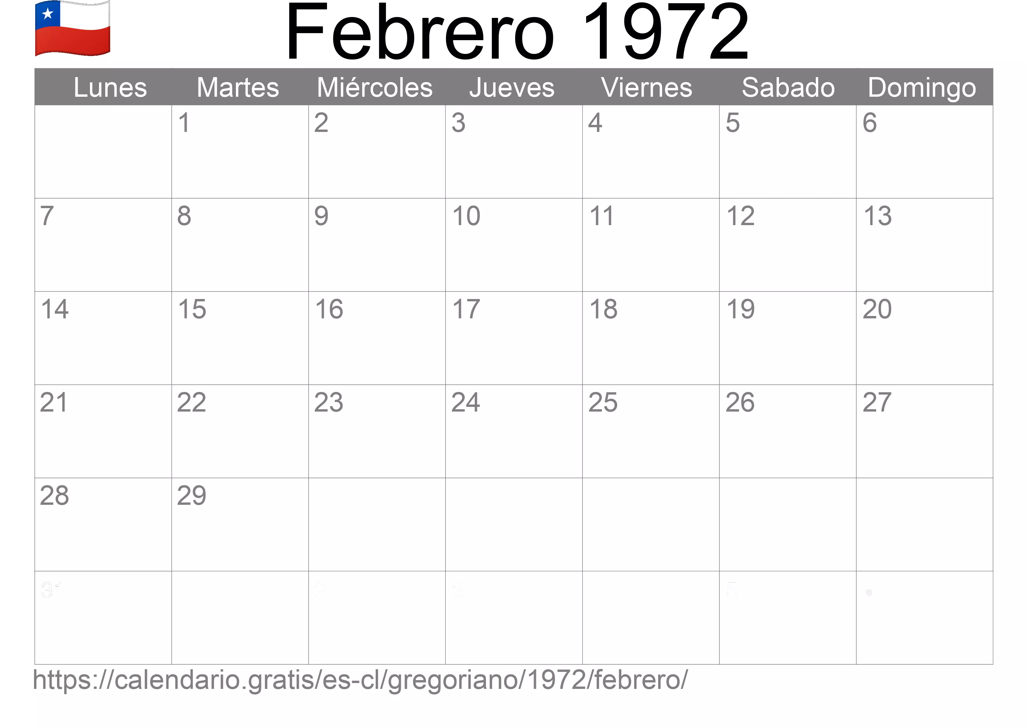 Calendario Febrero 1972 para imprimir (Chile)
