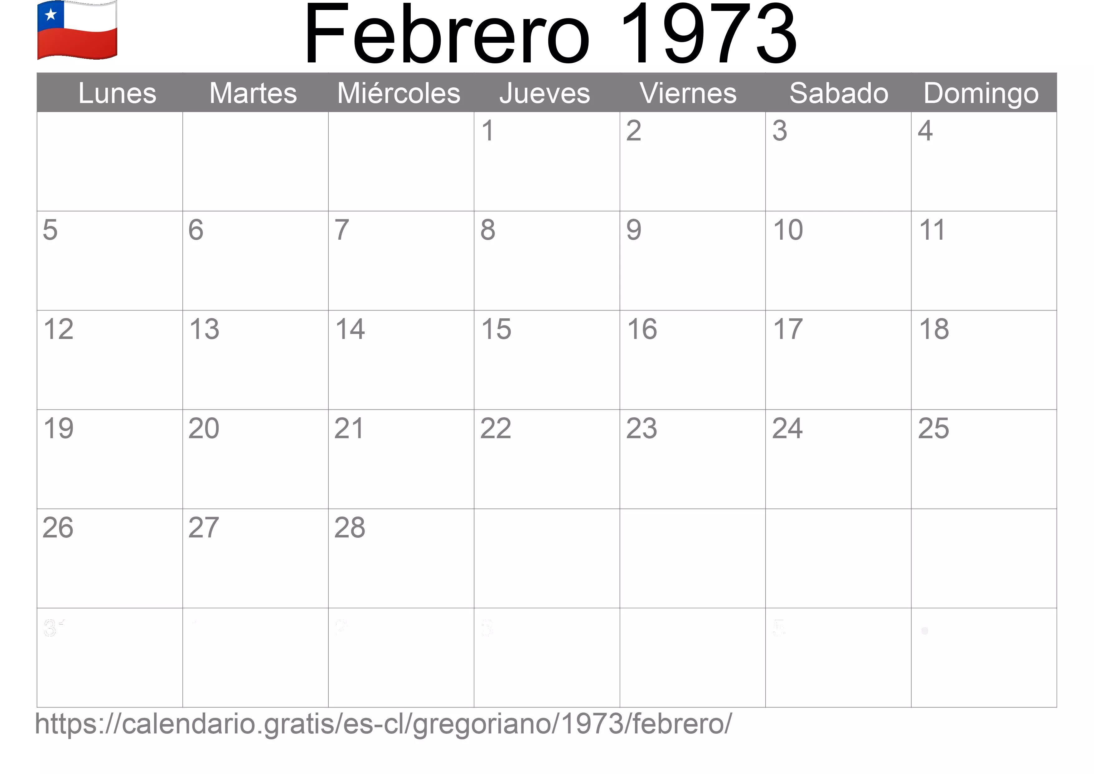 Calendario Febrero 1973 para imprimir (Chile)