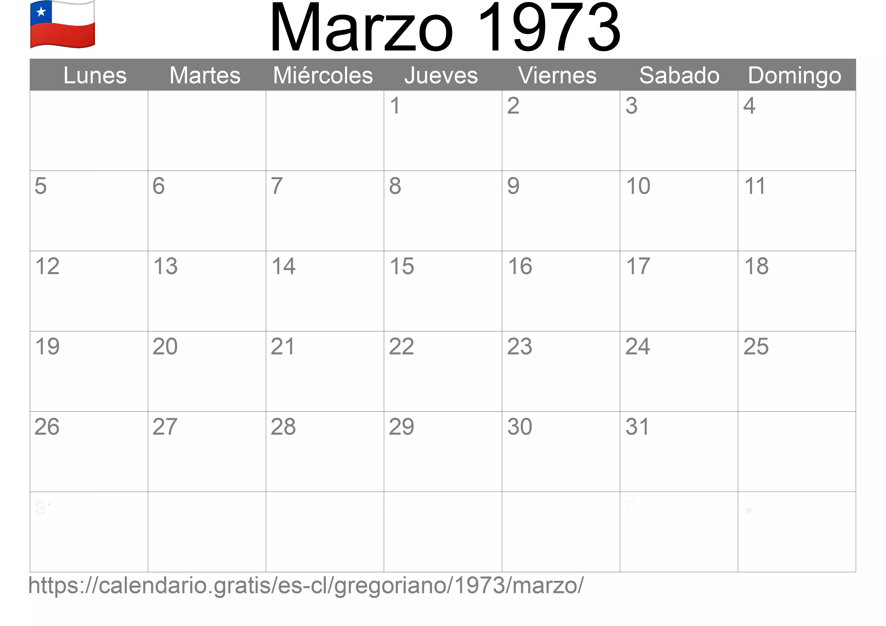 Calendario Marzo 1973 para imprimir (Chile)
