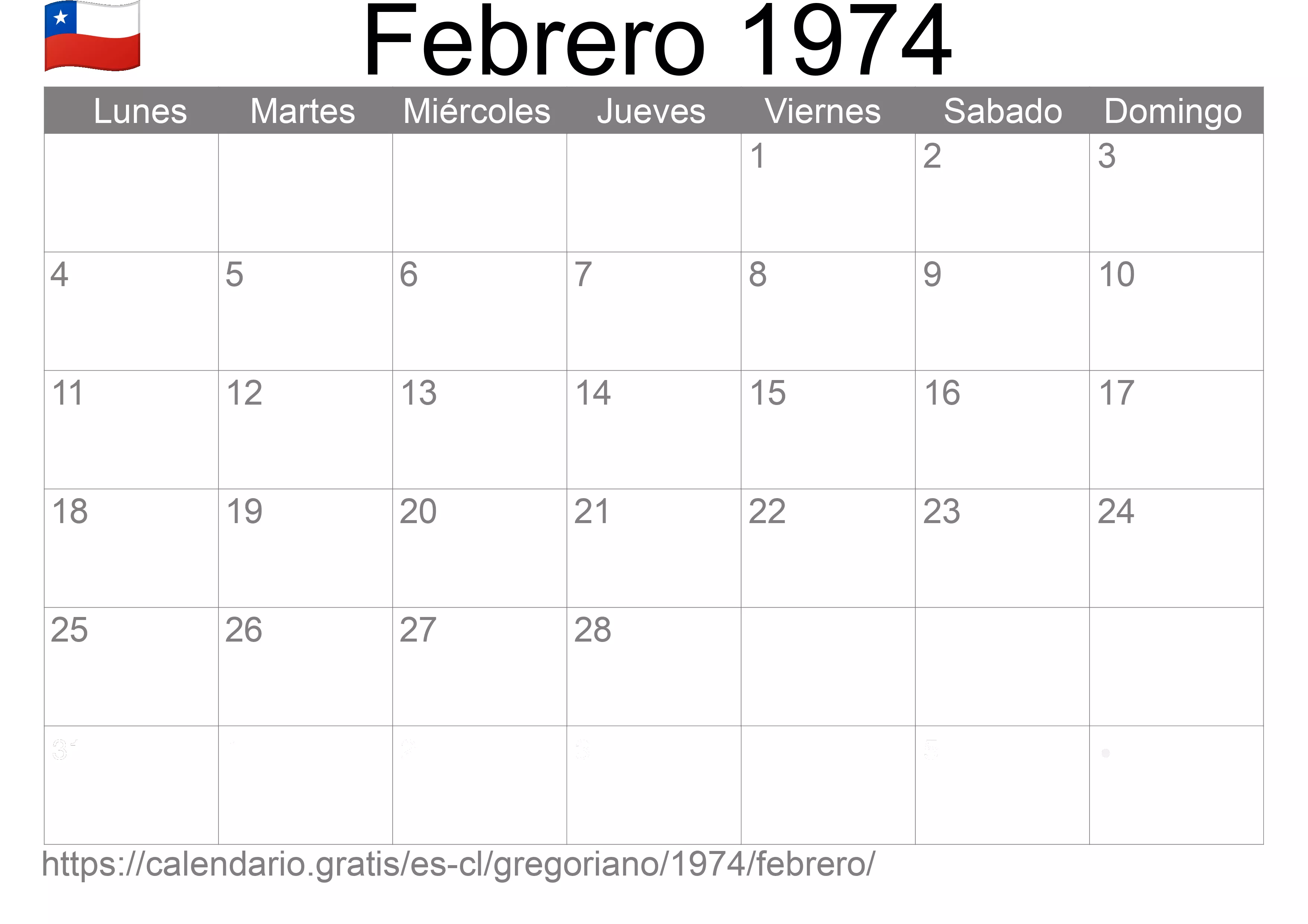 Calendario Febrero 1974 para imprimir (Chile)