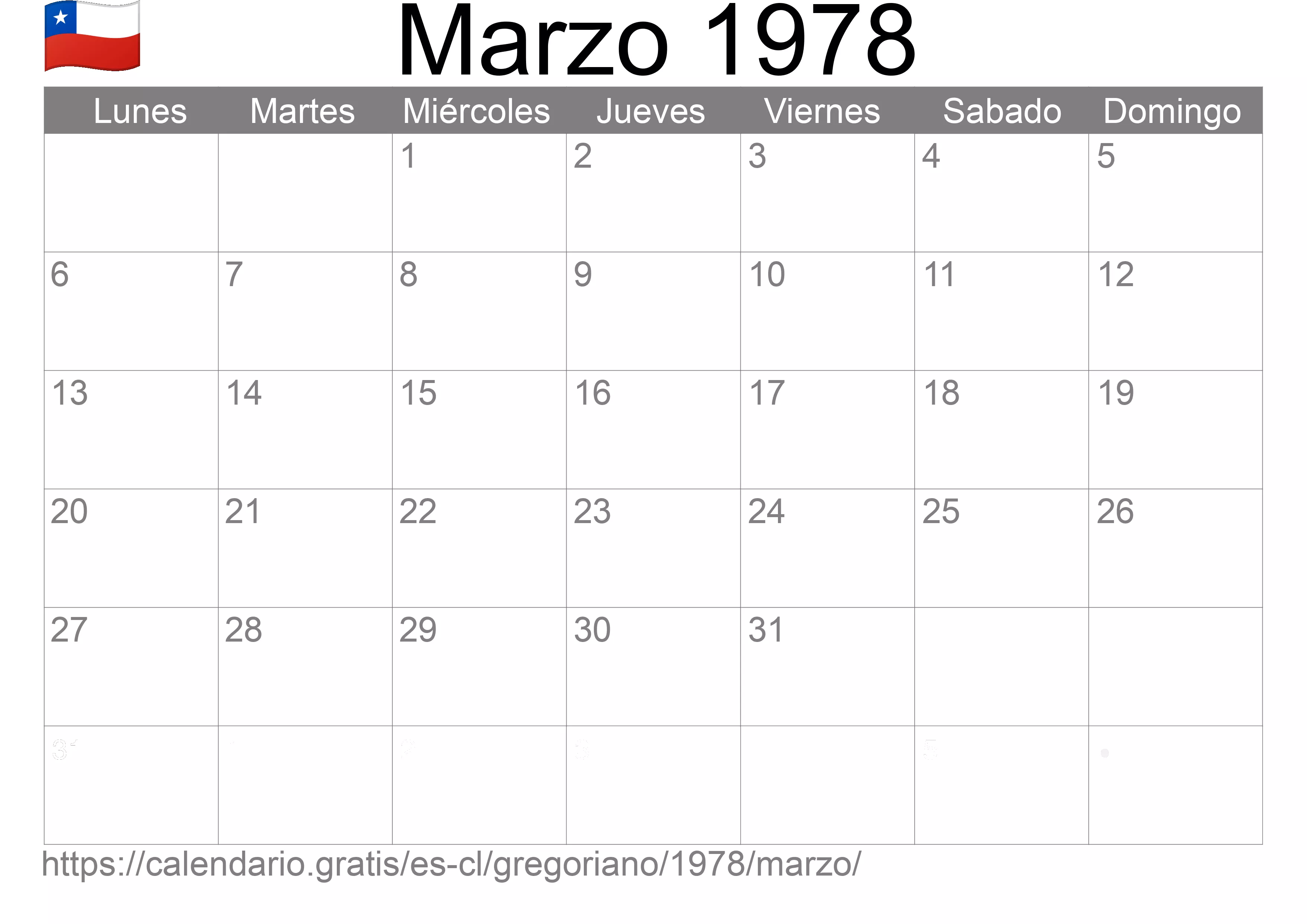 Calendario Marzo 1978 para imprimir (Chile)
