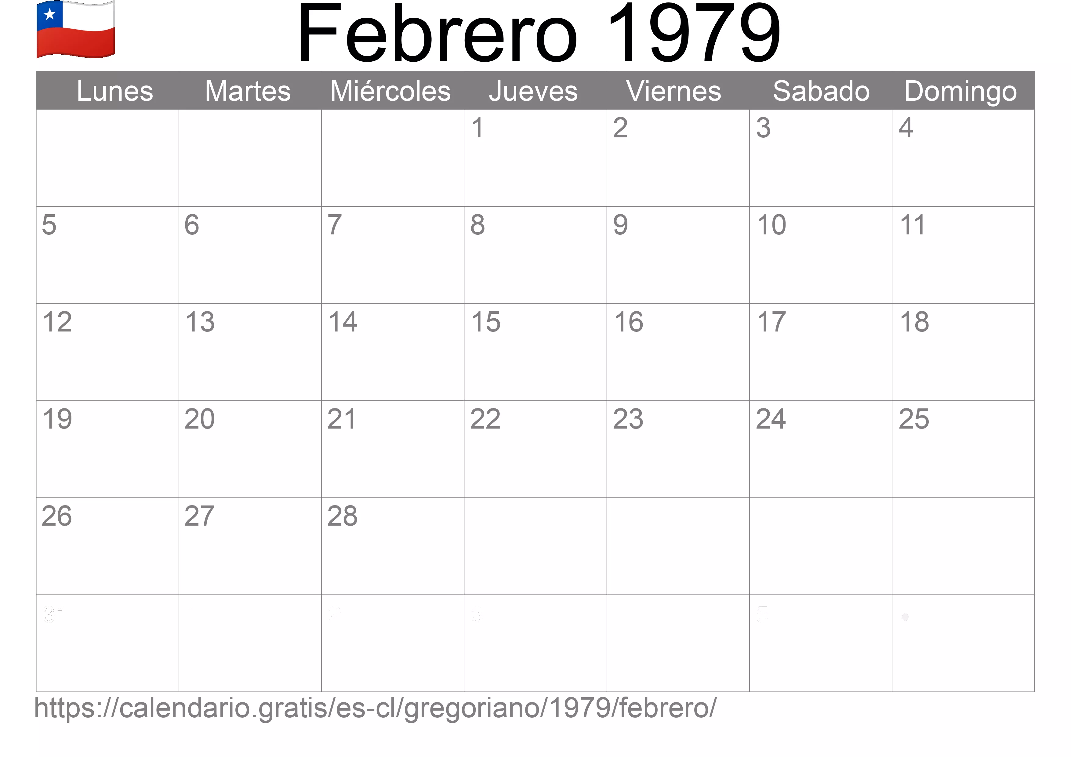 Calendario Febrero 1979 para imprimir (Chile)