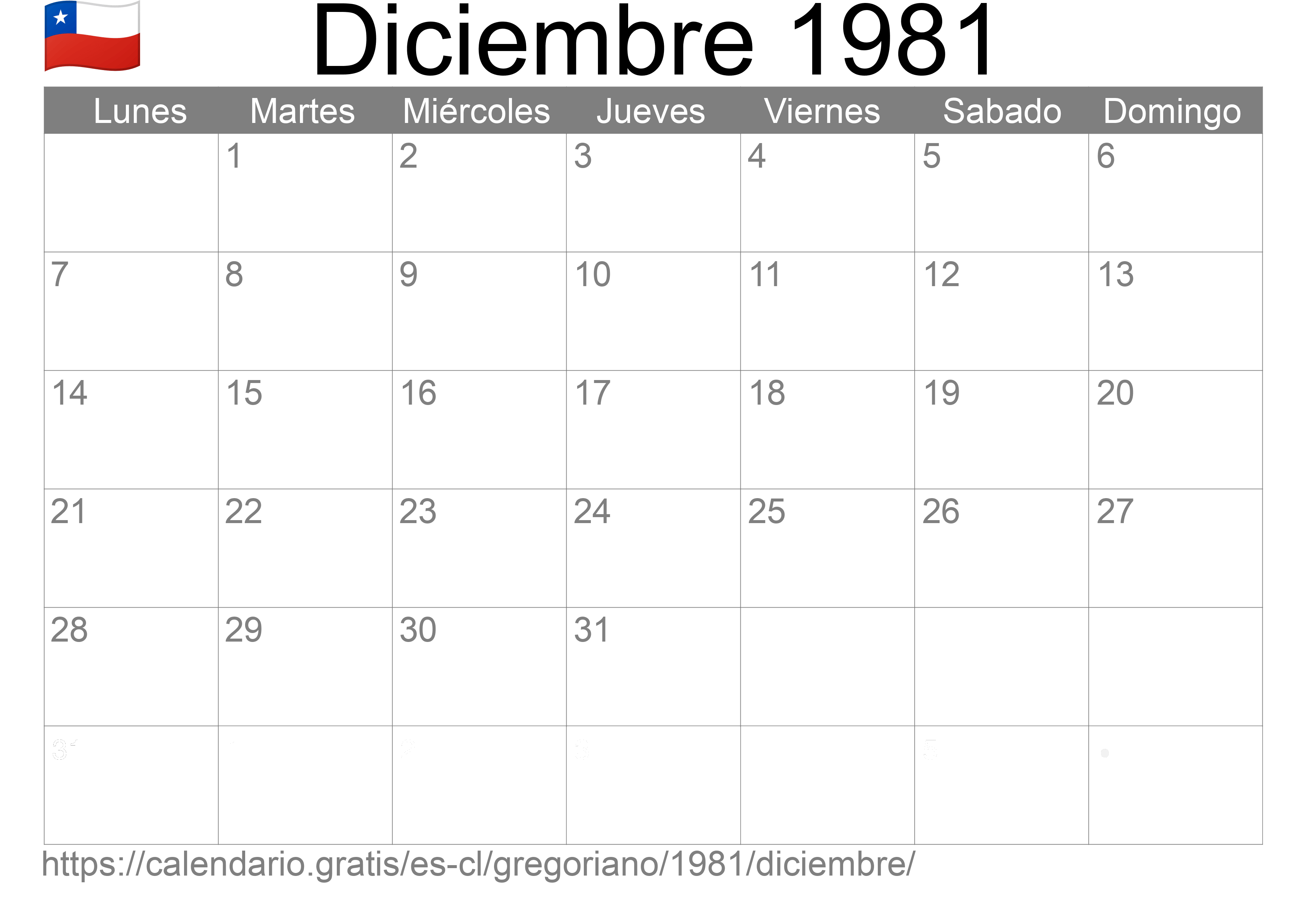 Calendario Diciembre 1981 para imprimir