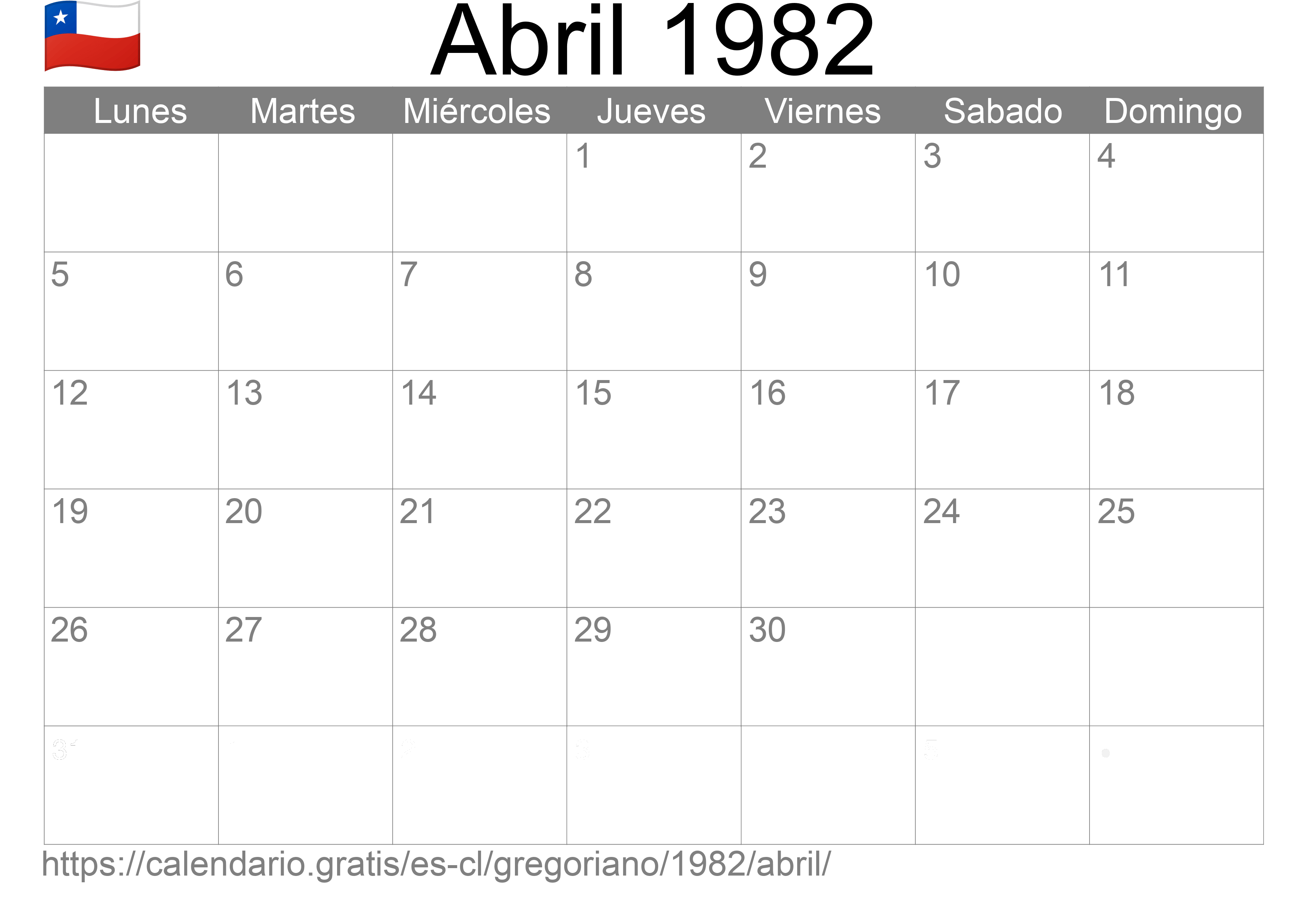 Calendario Abril 1982 para imprimir