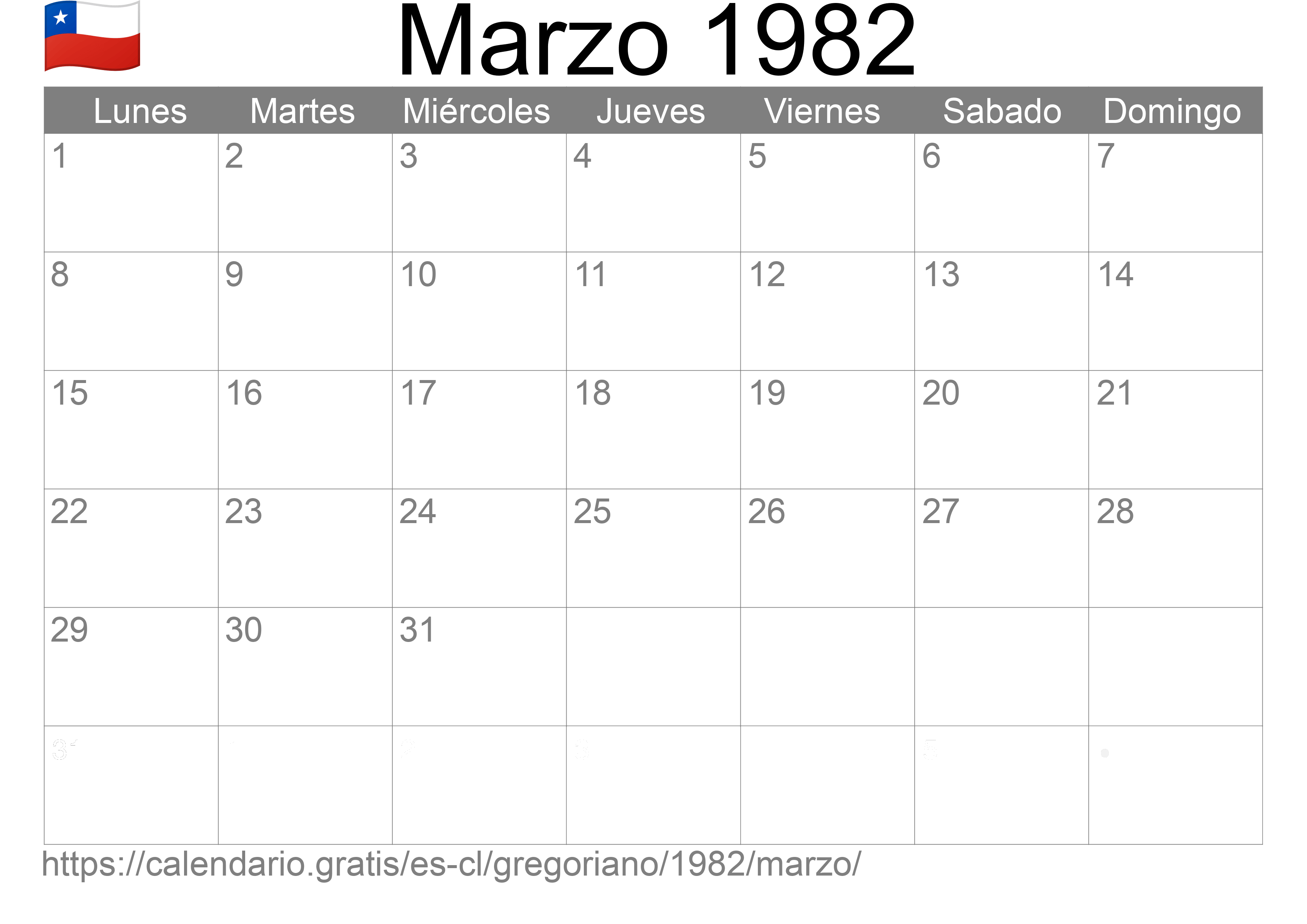 Calendario Marzo 1982 para imprimir