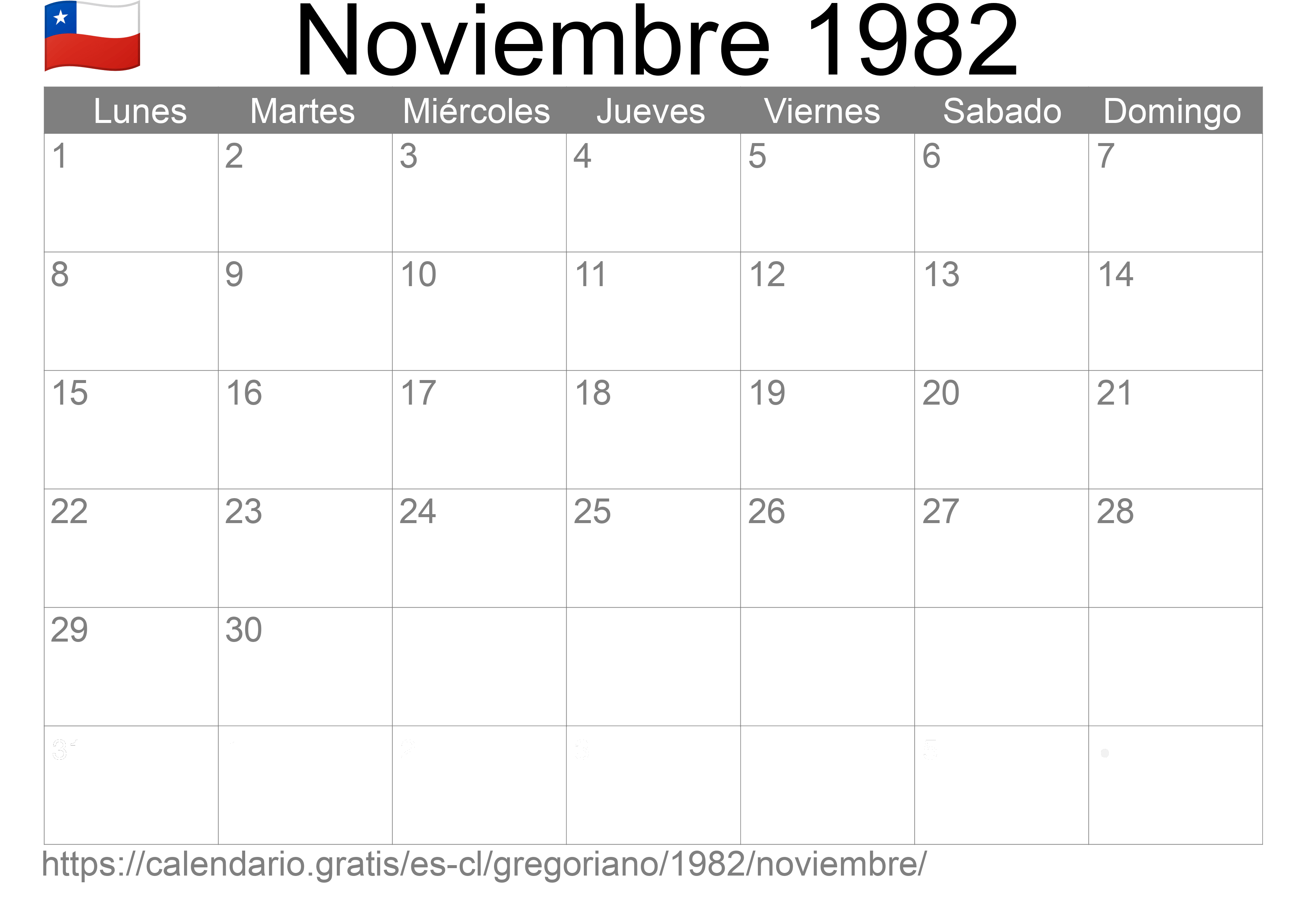 Calendario Noviembre 1982 para imprimir