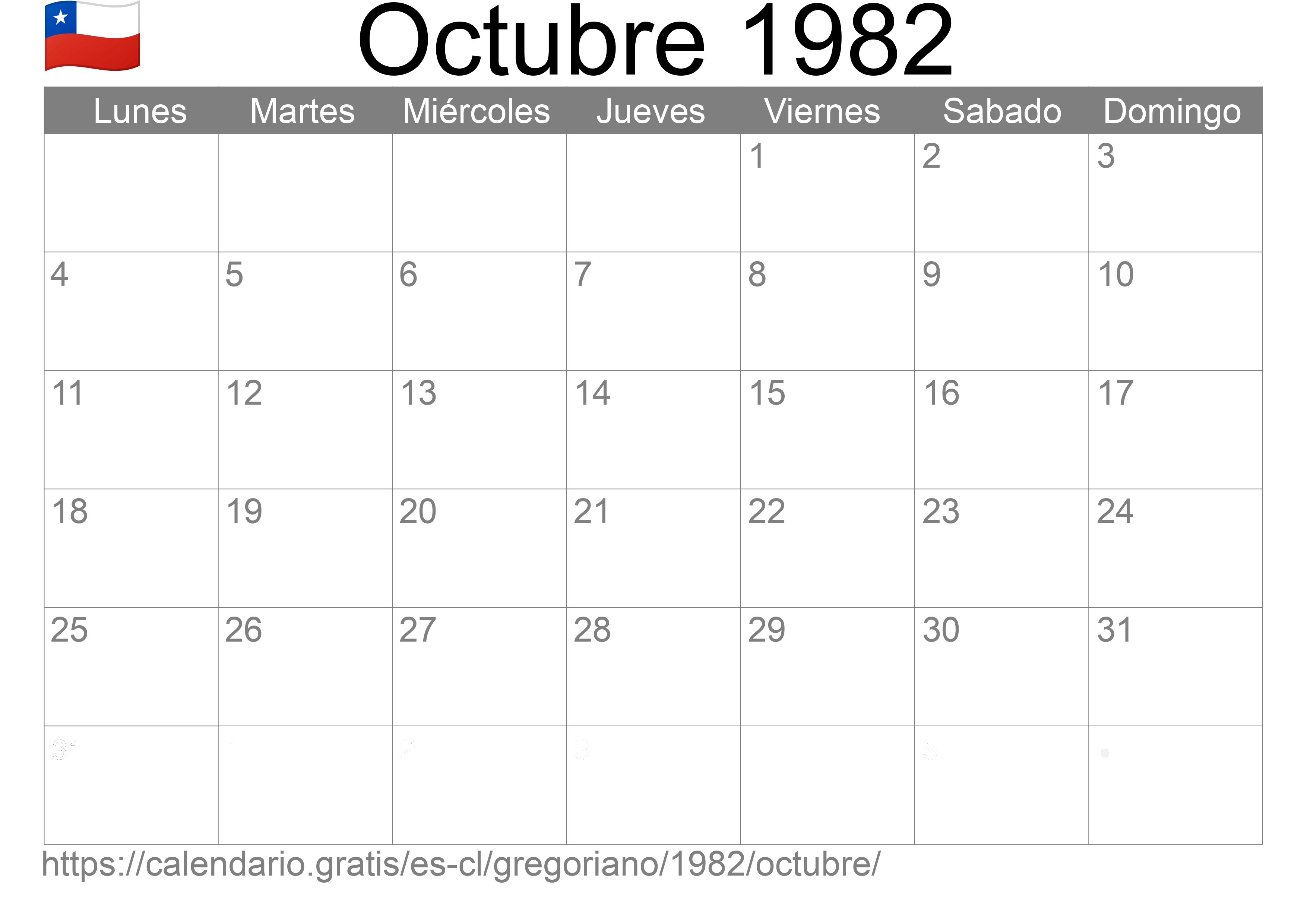 Calendario Octubre 1982 para imprimir