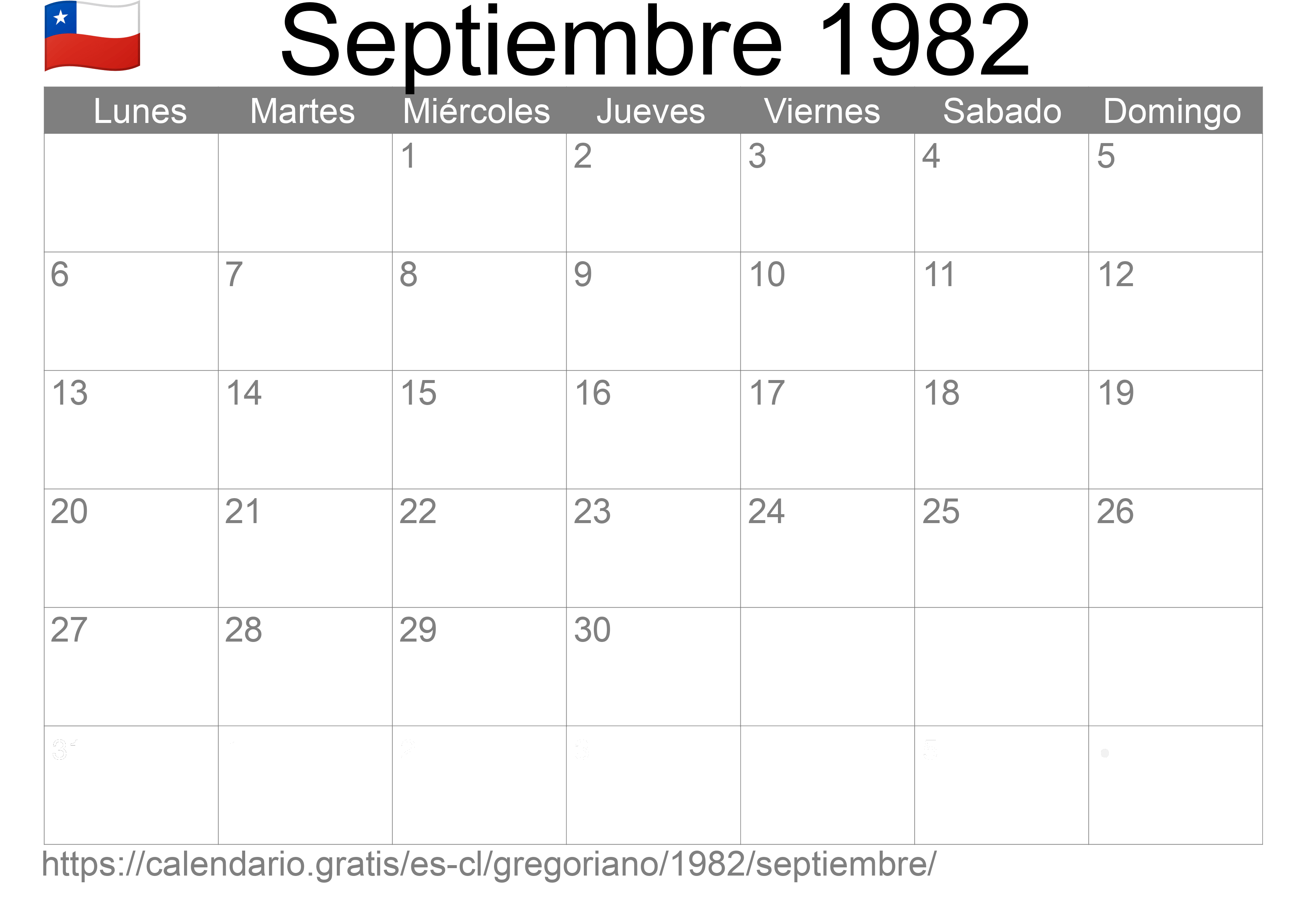 Calendario Septiembre 1982 para imprimir