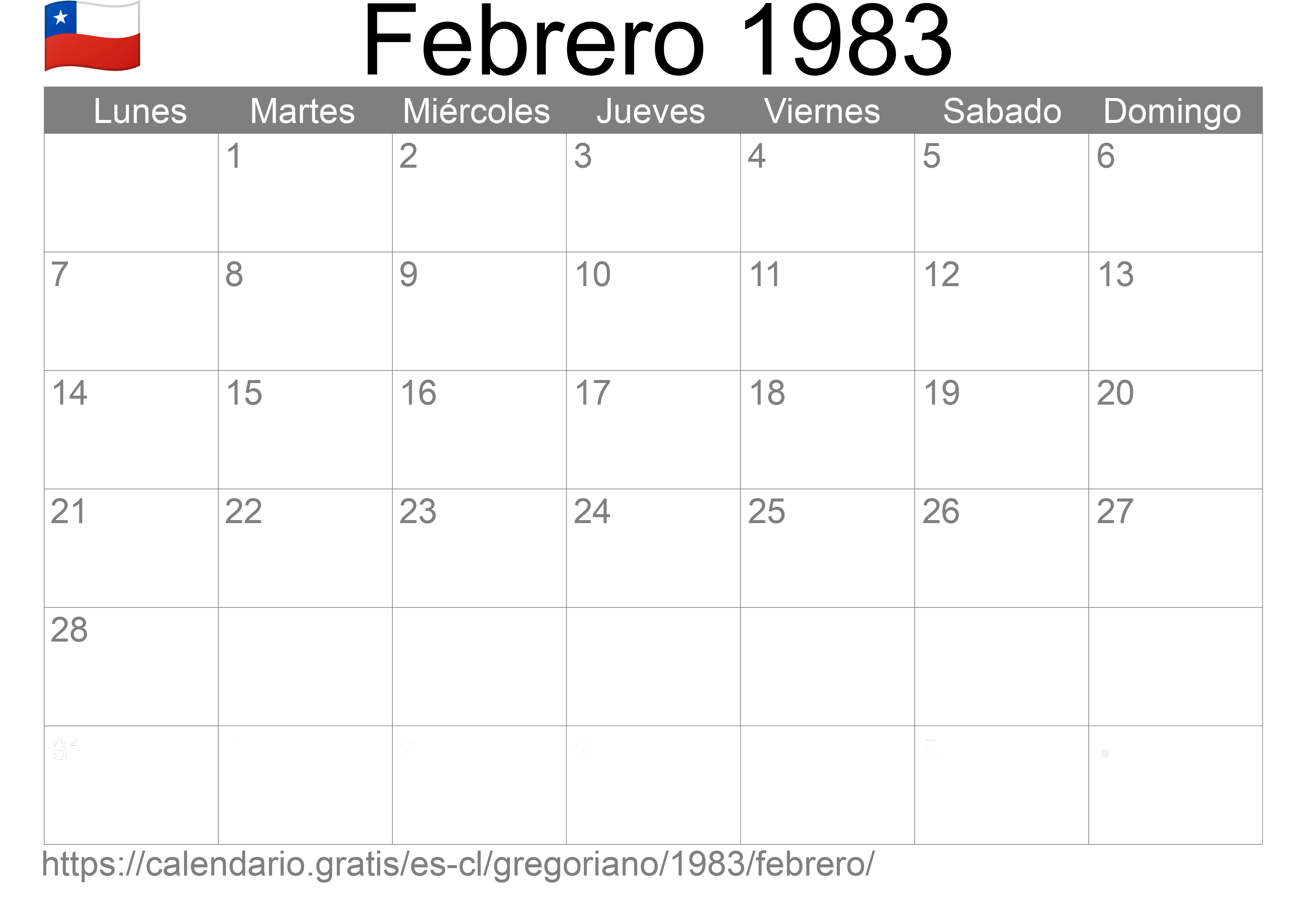 Calendario Febrero 1983 para imprimir