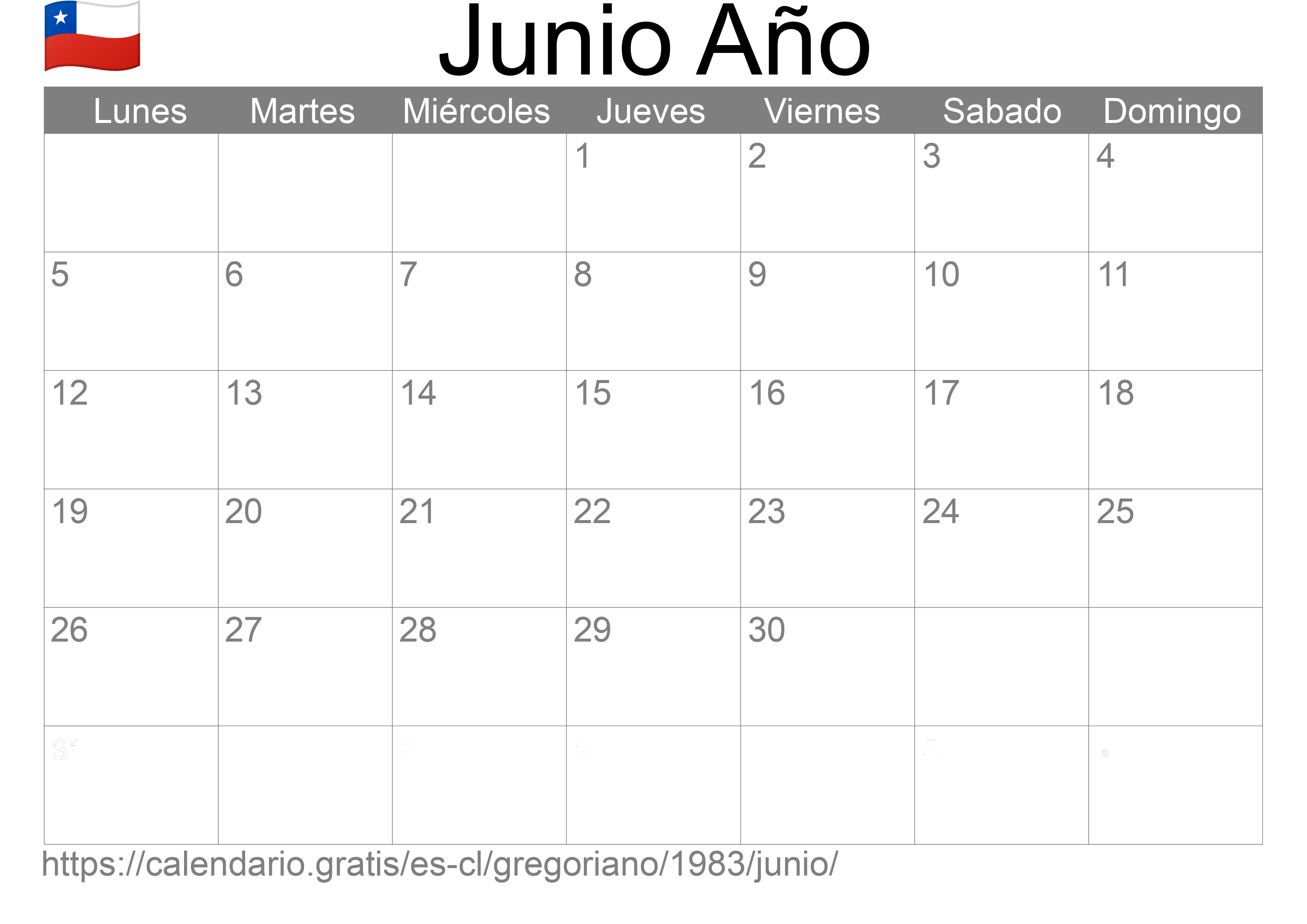 Calendario Junio 1983 para imprimir