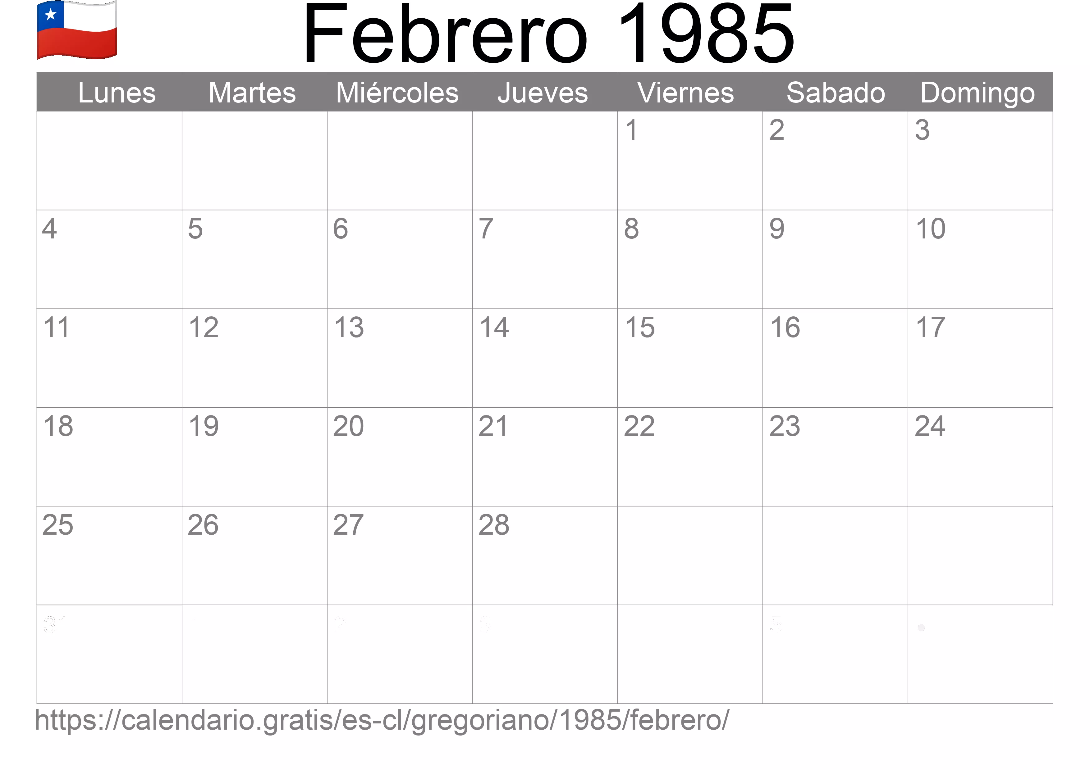 Calendario Febrero 1985 para imprimir (Chile)