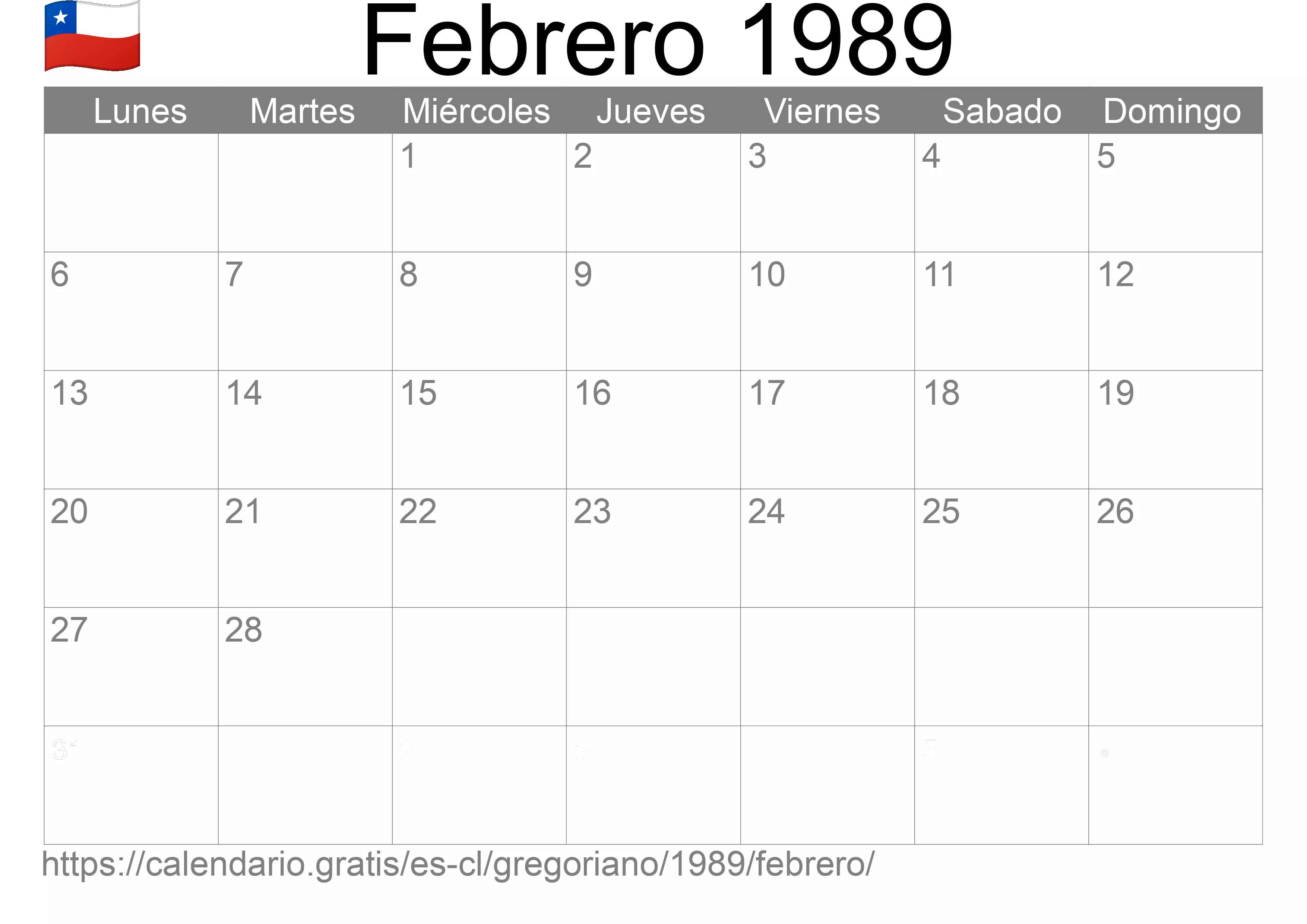 Calendario Febrero 1989 para imprimir (Chile)