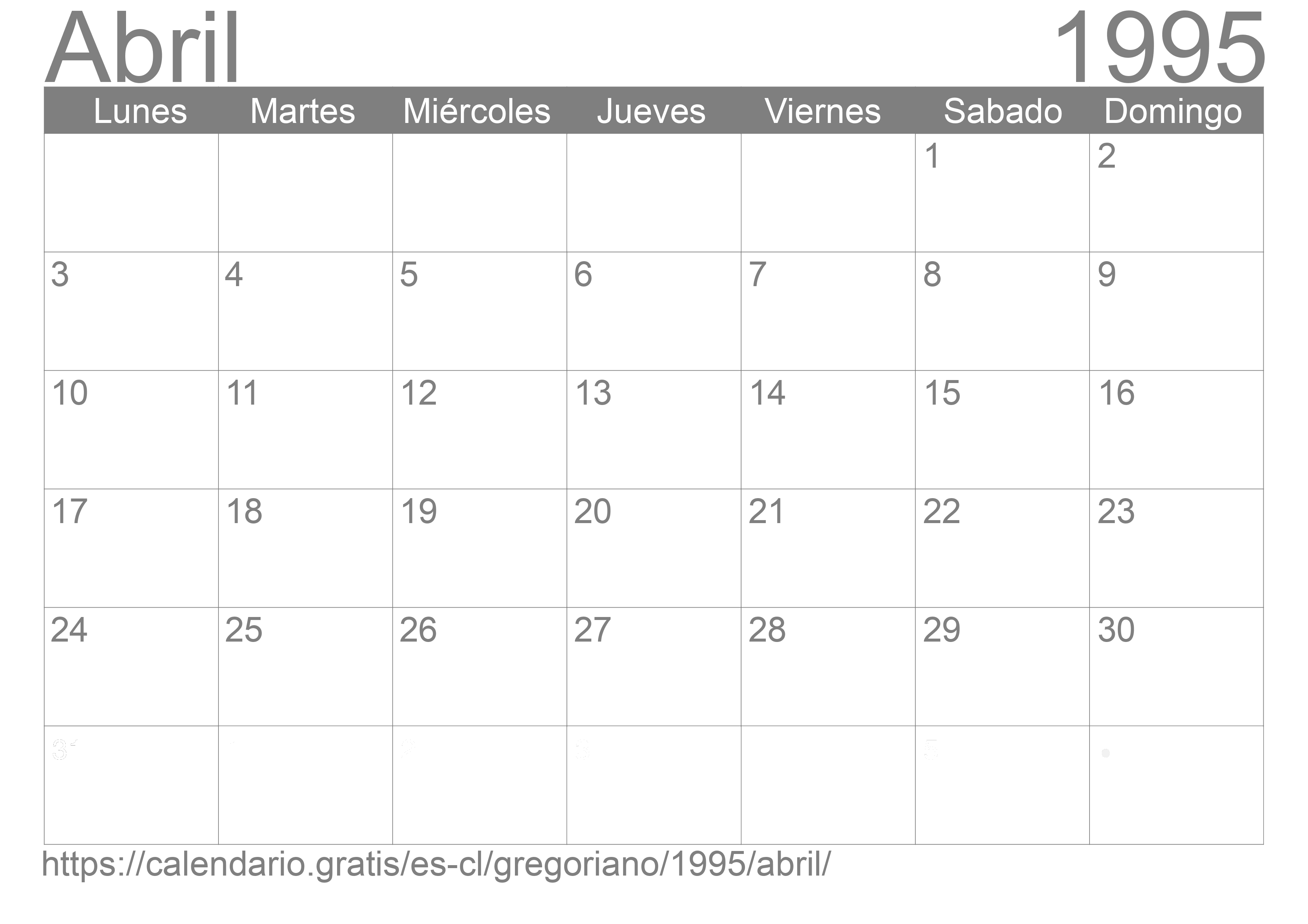 Calendario Abril 1995 para imprimir