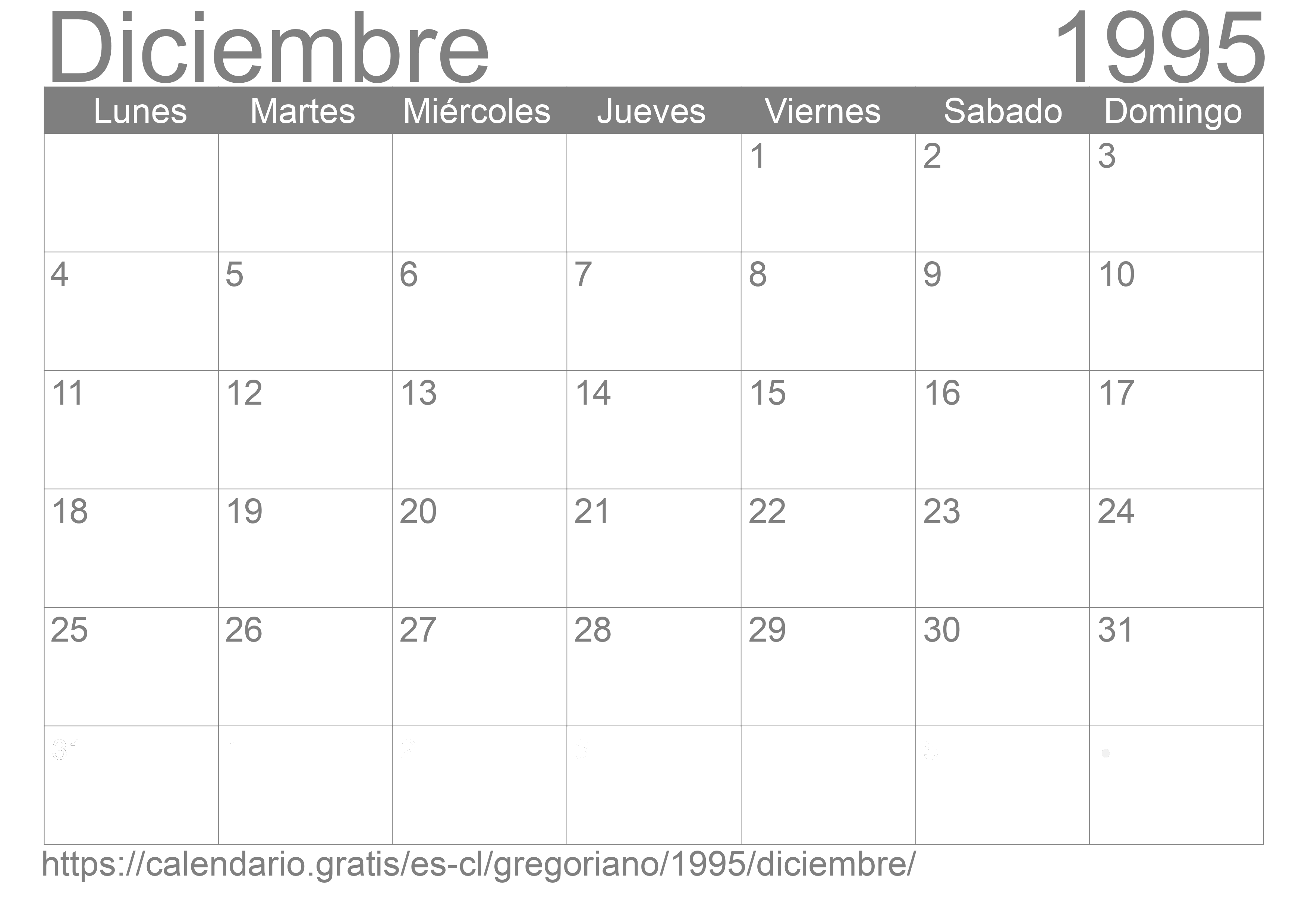 Calendario Diciembre 1995 para imprimir