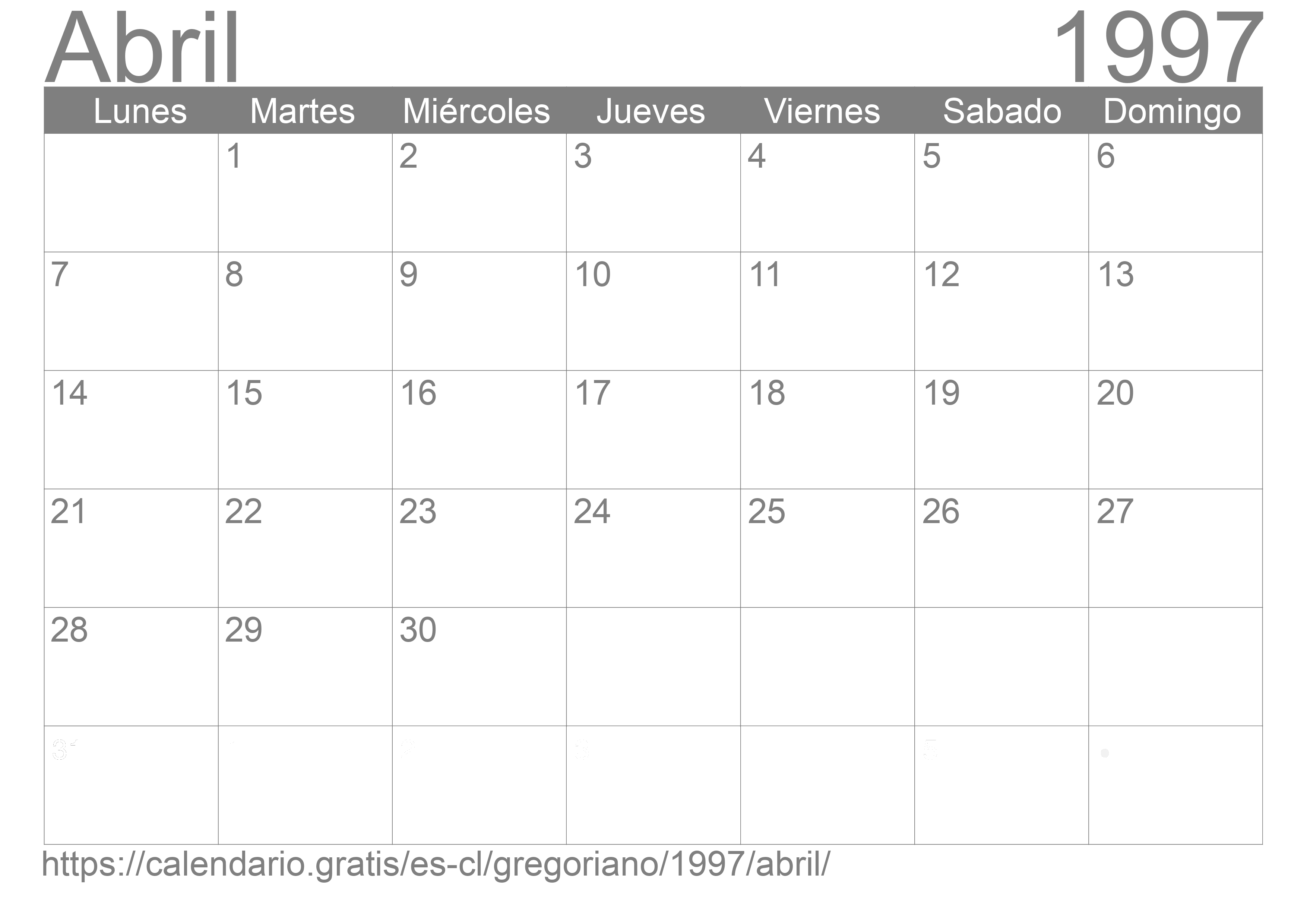 Calendario Abril 1997 para imprimir