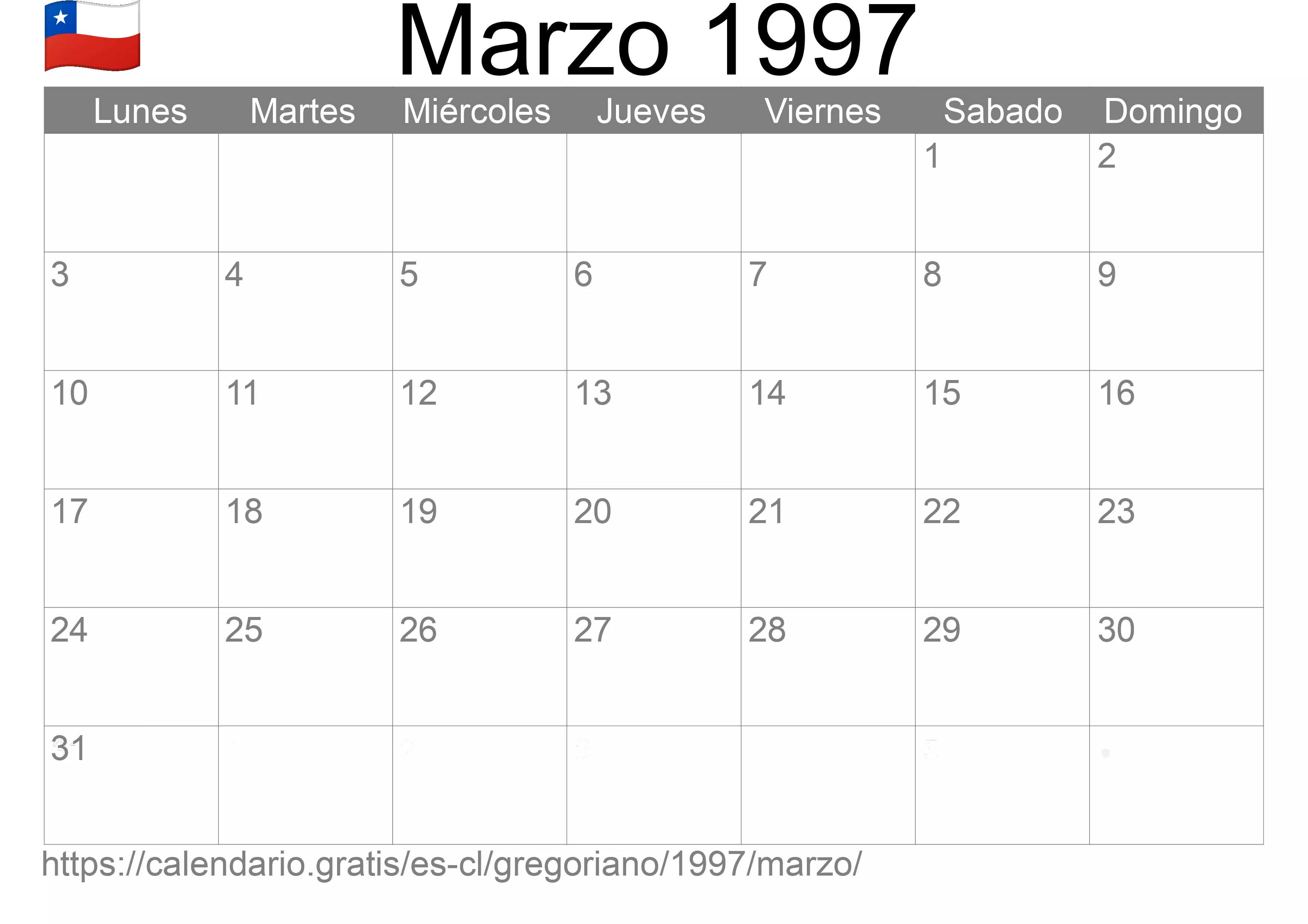 Calendario Marzo 1997 para imprimir (Chile)