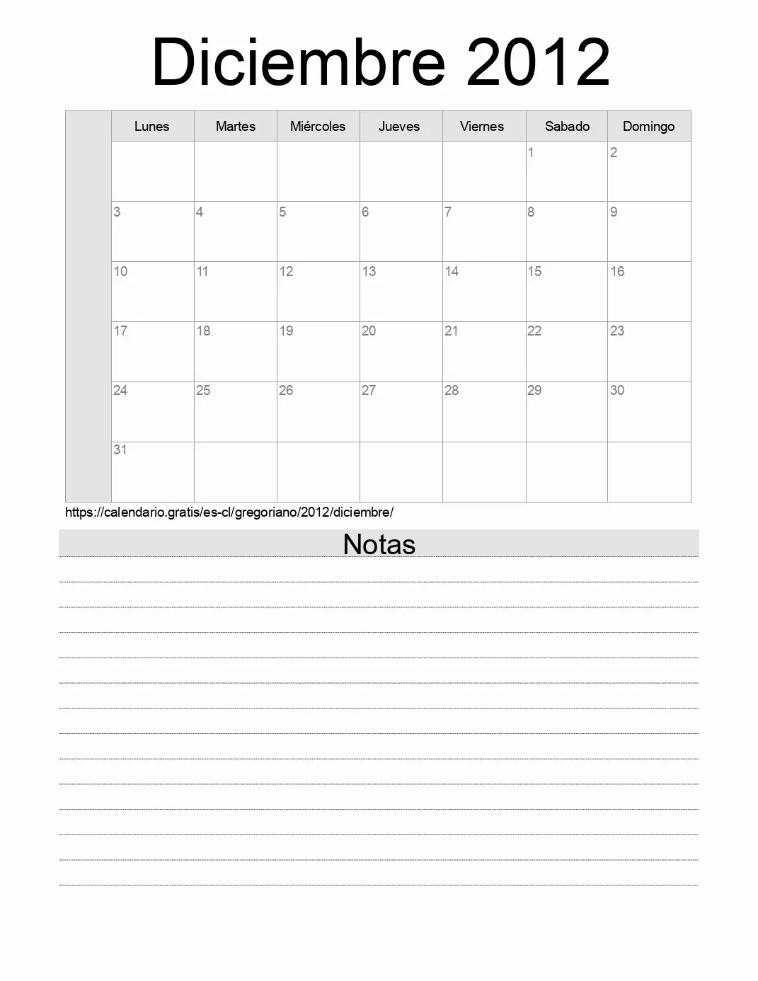 Calendario Diciembre 2012 para imprimir con notas. (Chile)