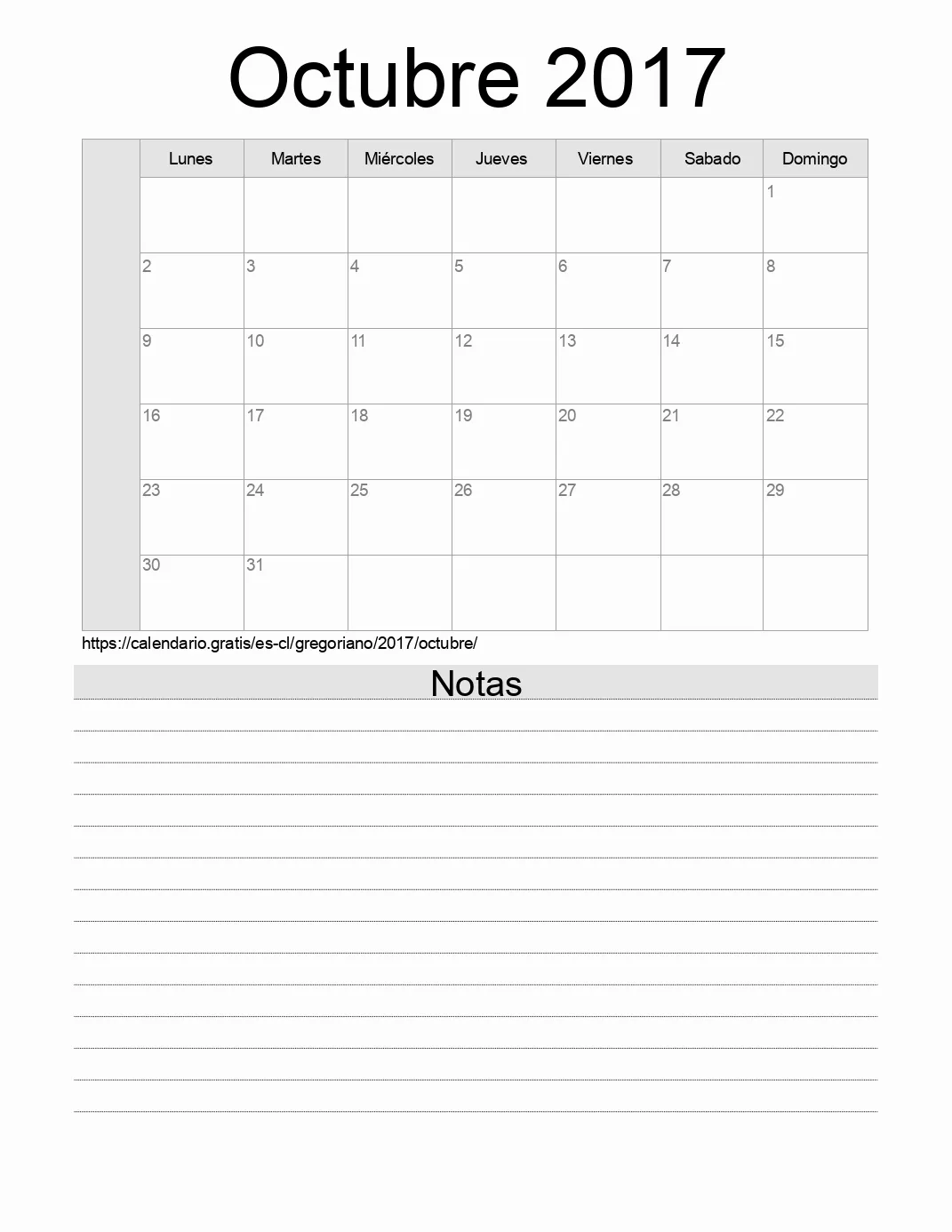 Calendario Octubre 2017 para imprimir con notas. (Chile)