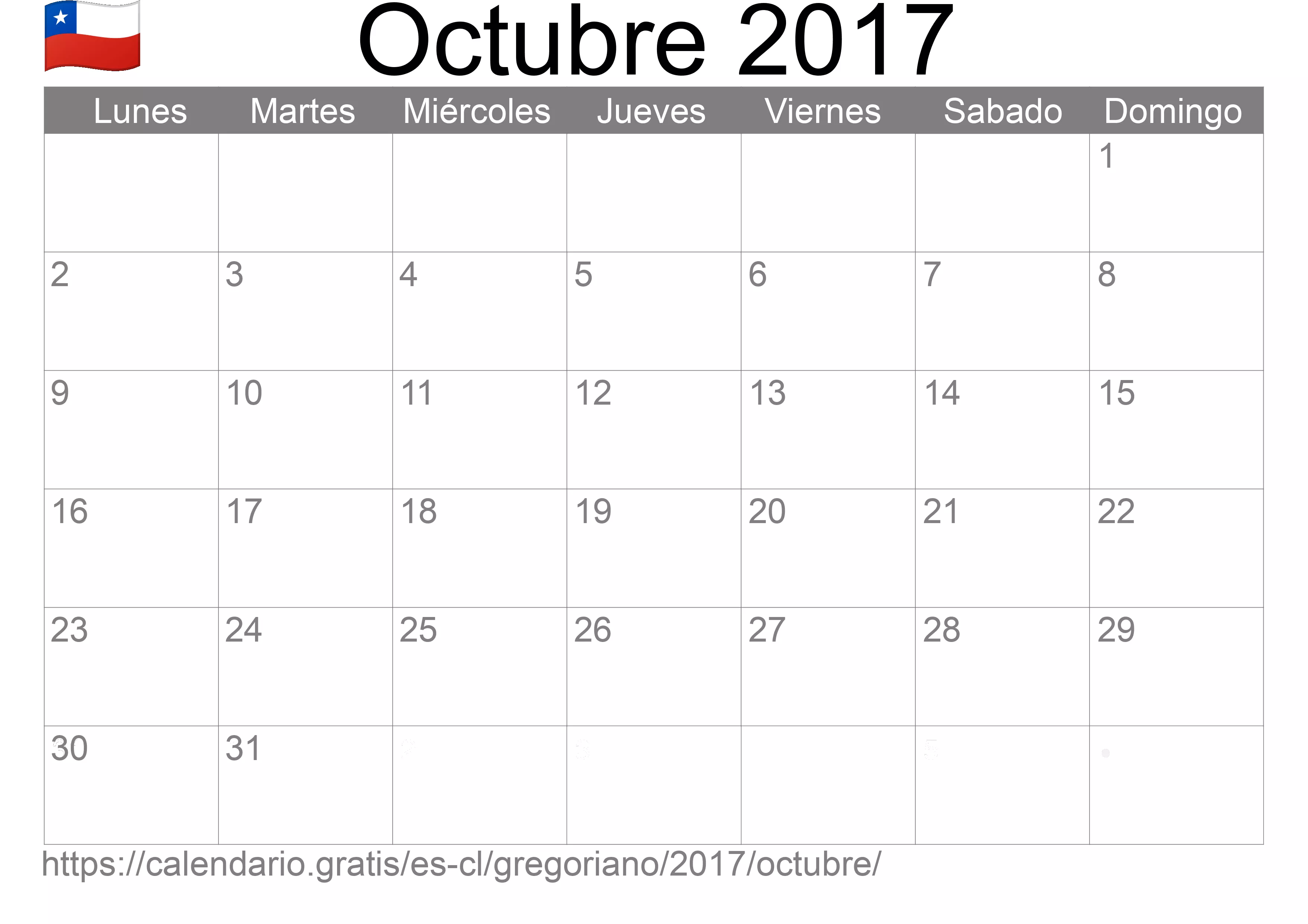 Calendario Octubre 2017 para imprimir (Chile)
