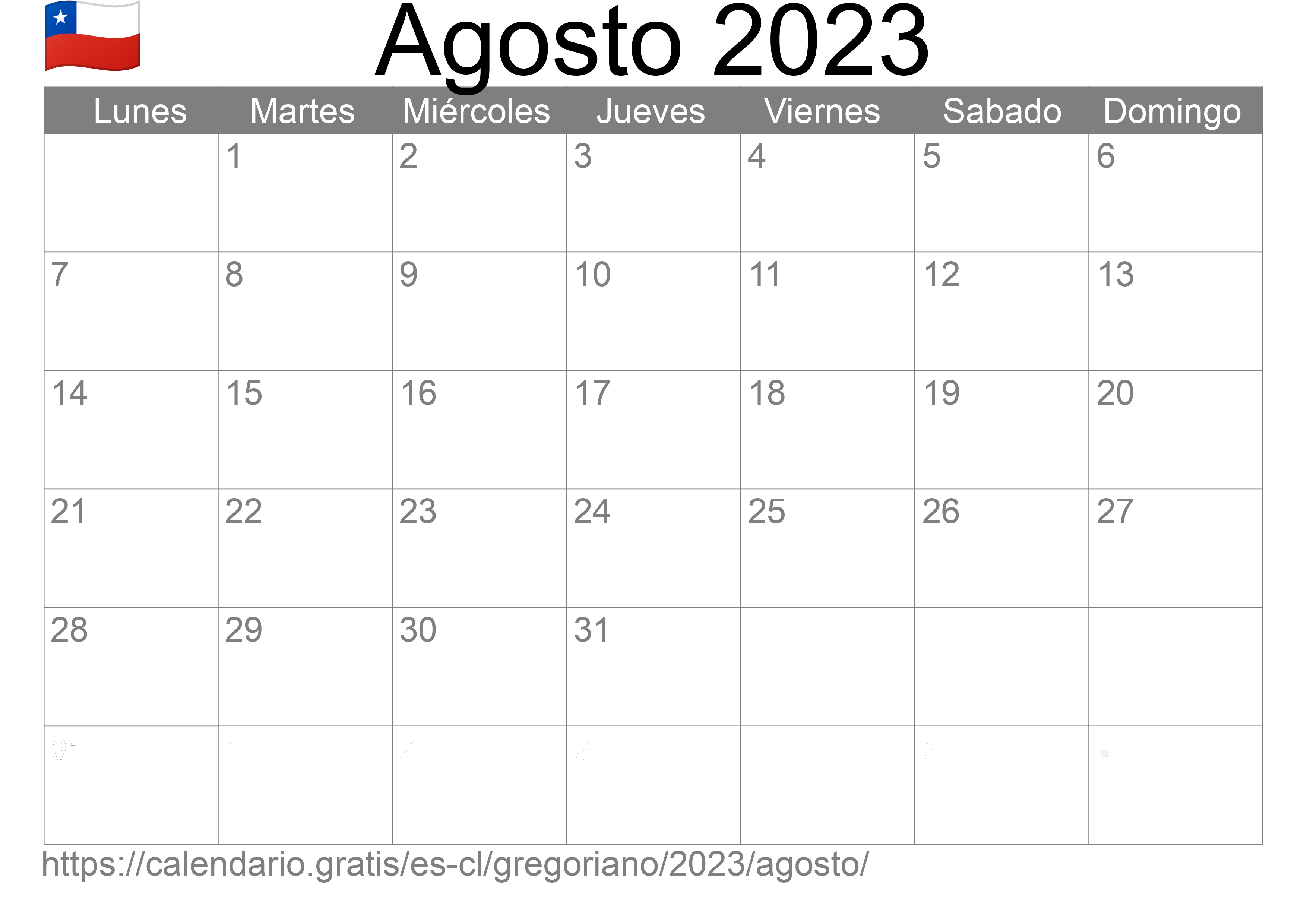 Calendario Agosto 2023 para imprimir