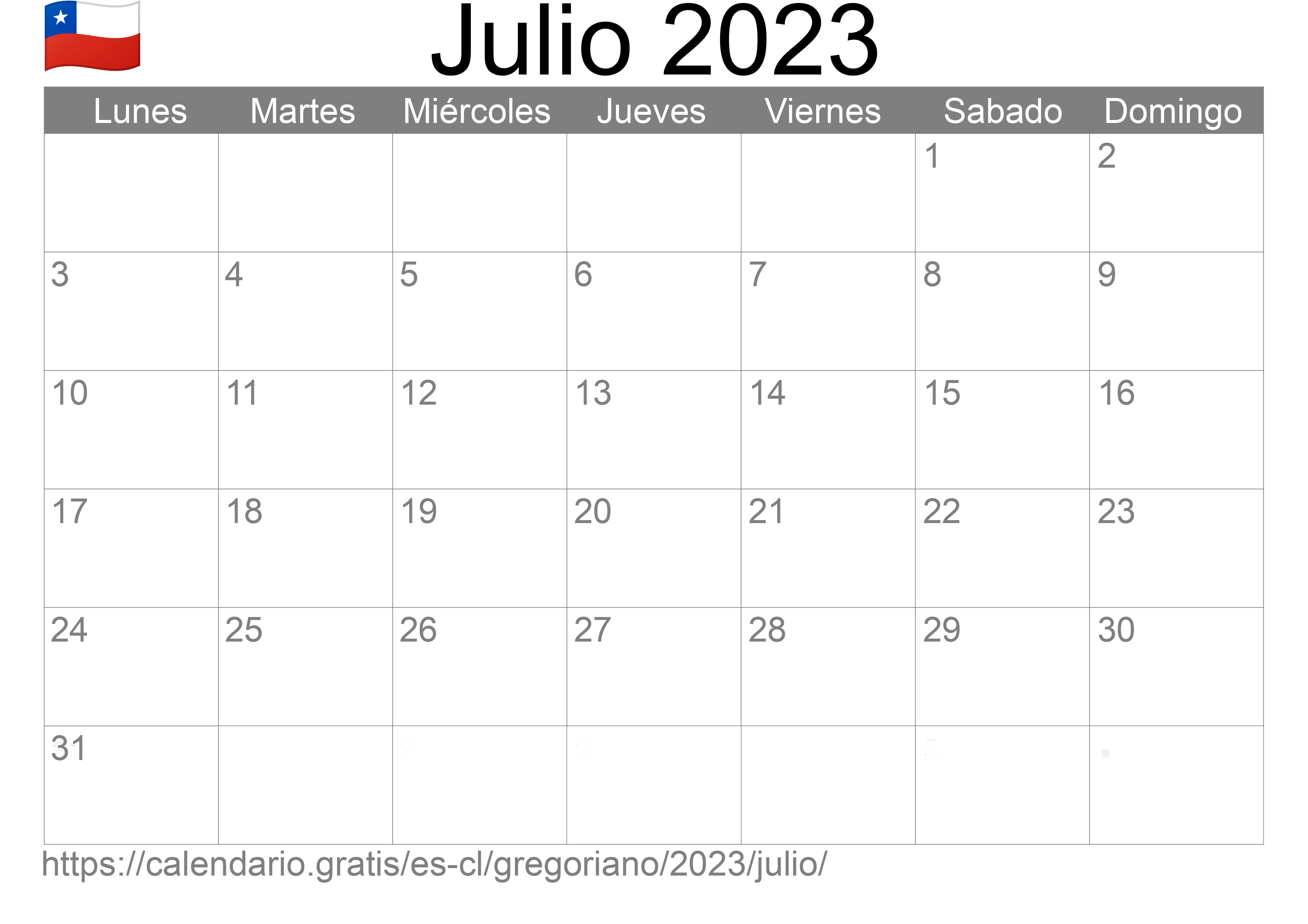 Calendario Julio 2023 para imprimir