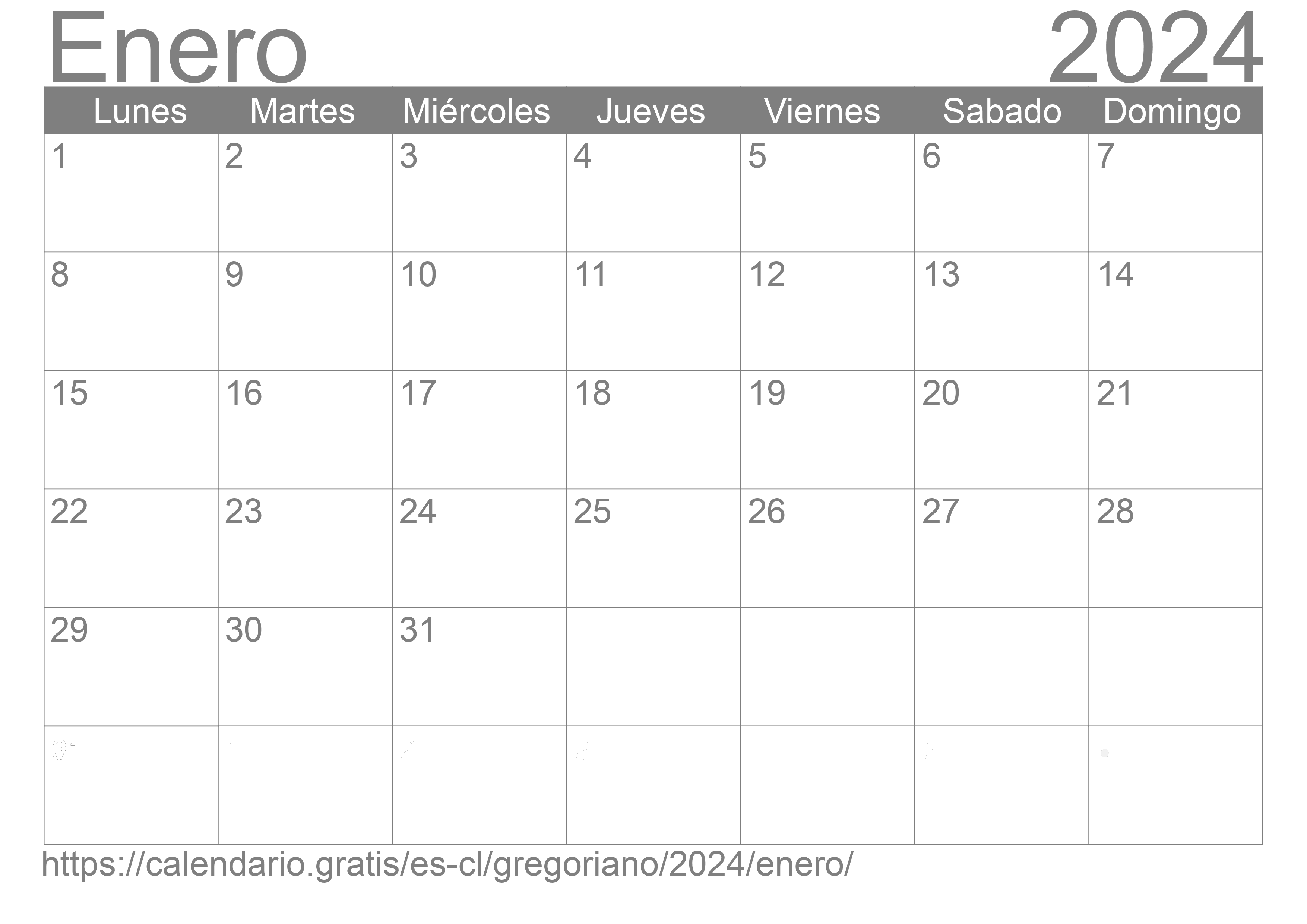 Calendario Enero 2024 de Chile en español Festivos y fase lunar