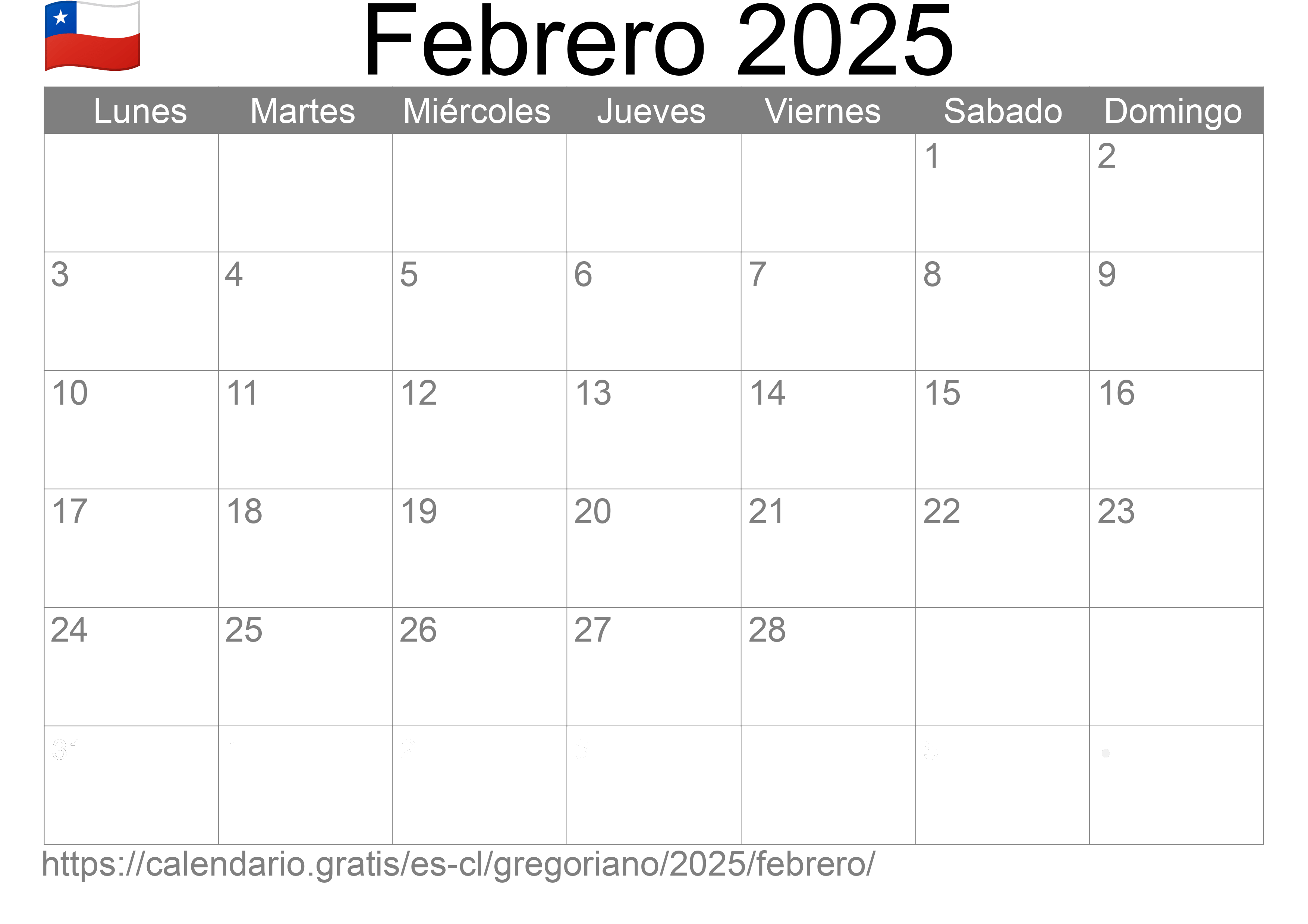 Calendario Febrero 2025 para imprimir