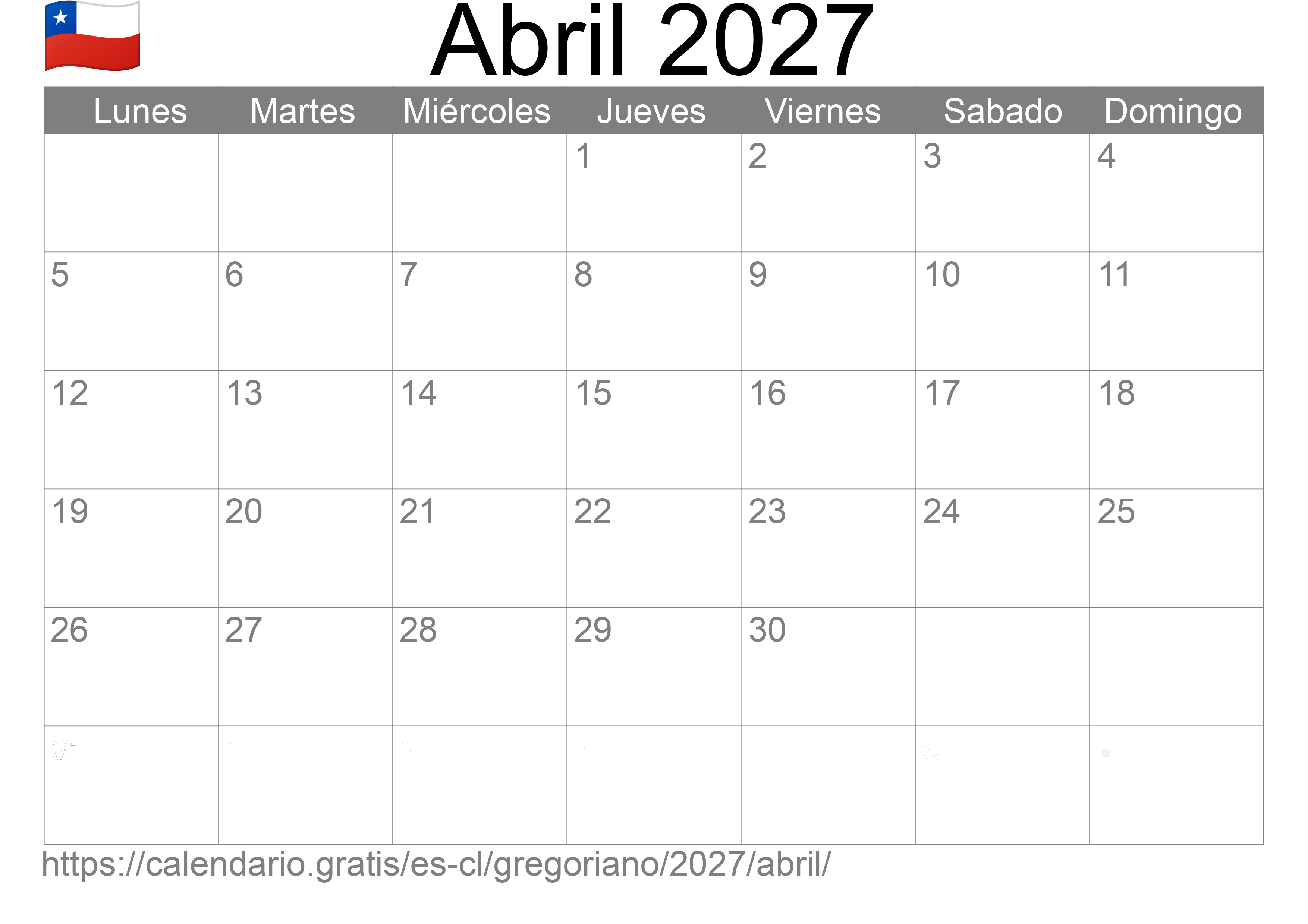 Calendario Abril 2027 para imprimir