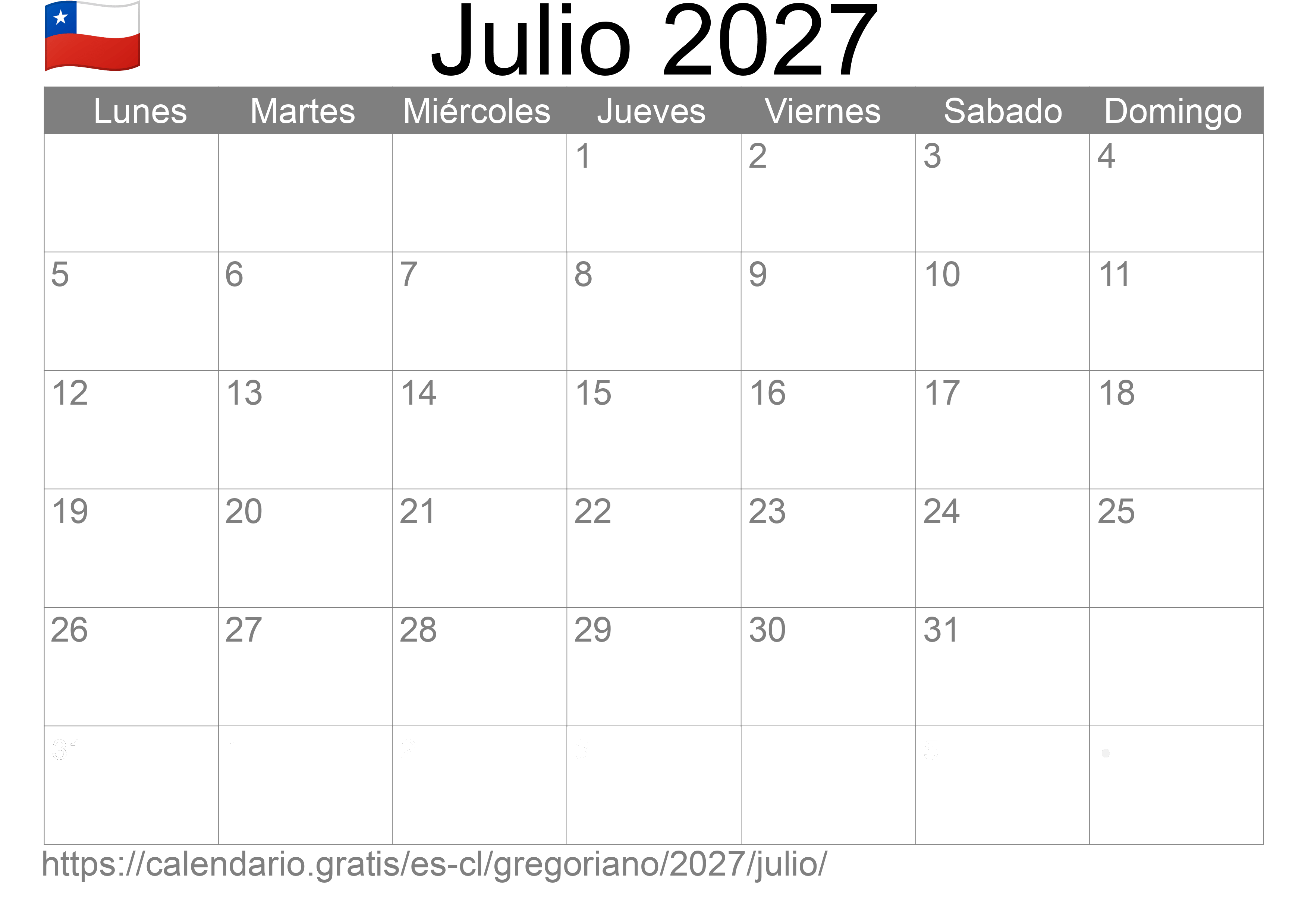 Calendario Julio 2027 para imprimir